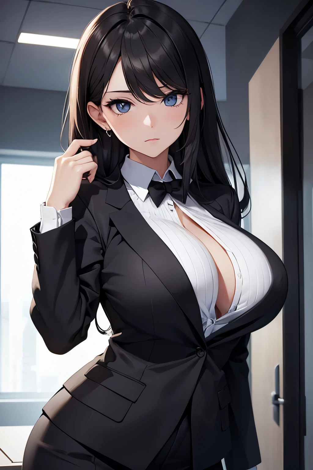 Beautiful girl, black suit, break, white shirt, big breasts,