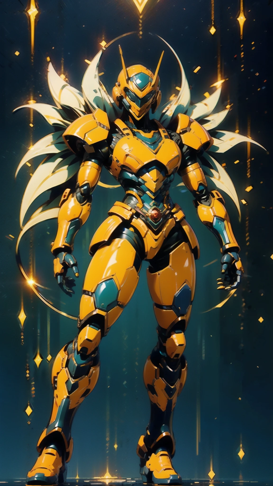 A woman adorned in fantasy-style full-body armor, a crown-concept fully enclosed helmet that unveils only her eyes, a composite layered chest plate, fully encompassing shoulder and hand guards, a lightweight waist armor, form-fitting shin guards, the overall design is heavy-duty yet flexible, ((the armor gleams with a golden glow, complemented by red and blue accents)), exhibiting a noble aura, she floats above a fantasy-surreal high-tech city, this character embodies a finely crafted fantasy-surreal style armored hero in anime style, exquisite and mature manga art style, (Queen bee mixed with Spider concept Armor, plasma, blood), ((Element, energy, elegant, goddess, femminine:1.5)), metallic, high definition, best quality, highres, ultra-detailed, ultra-fine painting, extremely delicate, professional, anatomically correct, symmetrical face, extremely detailed eyes and face, high quality eyes, creativity, RAW photo, UHD, 32k, Natural light, cinematic lighting, masterpiece-anatomy-perfect, masterpiece:1.5