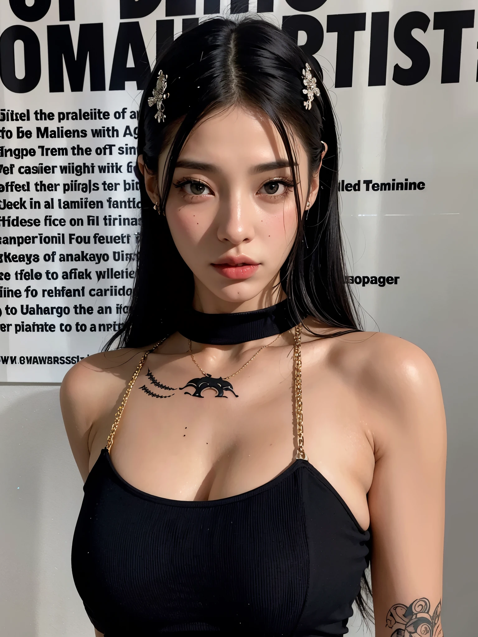arafed woman with a tattoo on her chest and a gargantilha, cruel korean goth girl, wearing black gargantilha, gargantilha, wearing gargantilha, gargantilha on neck, wearing intricate black gargantilha, modelo de moda feminina coreana, gargantilha around neck, black gargantilha, goth girl aesthetic, Linda jovem coreana, steel gargantilha, top preto, she is wearing a black blouse