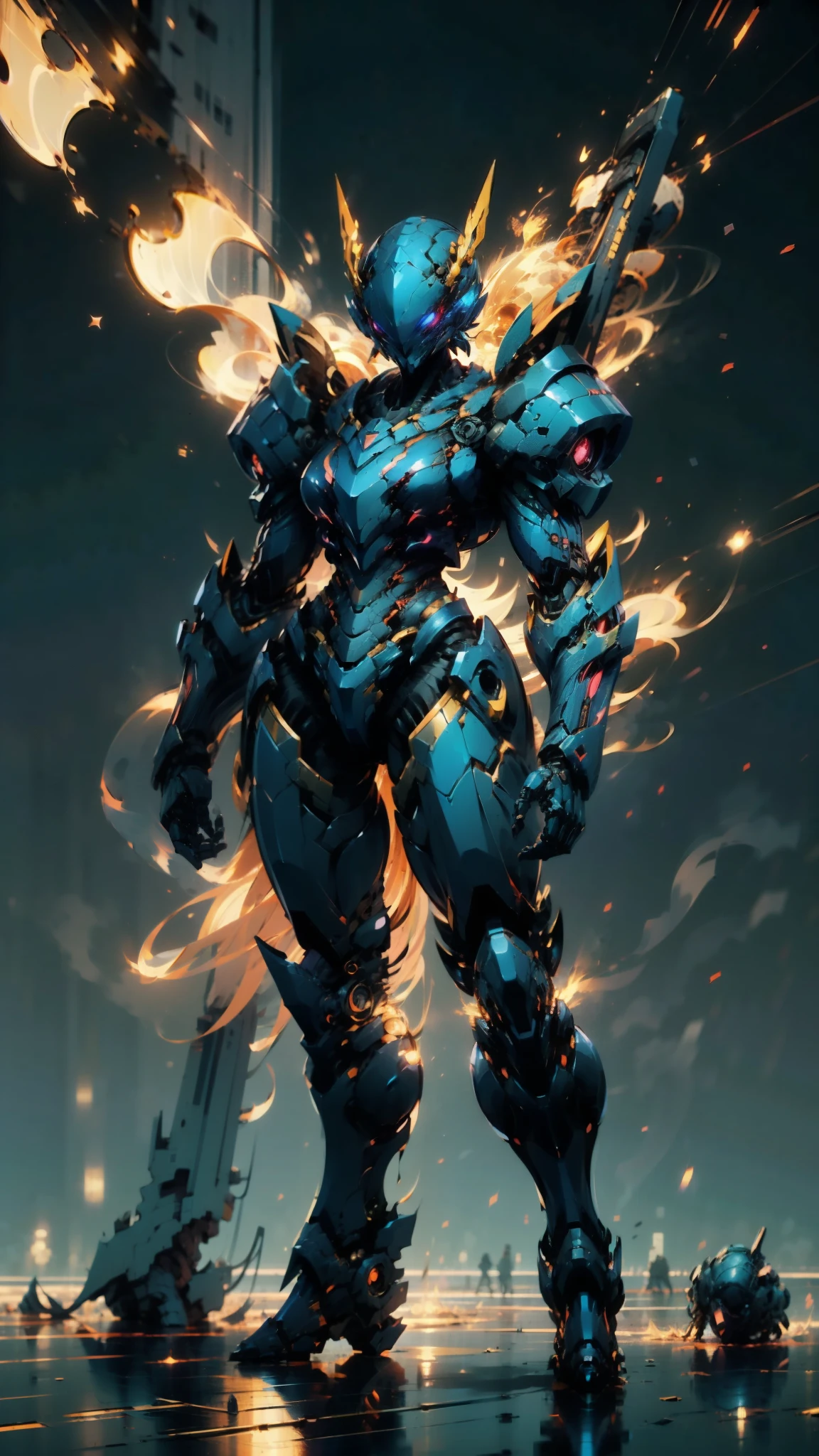 A woman adorned in fantasy-style full-body armor, a crown-concept fully enclosed helmet that unveils only her eyes, a composite layered chest plate, fully encompassing shoulder and hand guards, a lightweight waist armor, form-fitting shin guards, the overall design is heavy-duty yet flexible, ((the armor gleams with a golden glow, complemented by red and blue accents)), exhibiting a noble aura, she floats above a fantasy-surreal high-tech city, this character embodies a finely crafted fantasy-surreal style armored hero in anime style, exquisite and mature manga art style, (Queen bee mixed with Spider concept Armor, plasma, blood), ((Element, energy, elegant, goddess, femminine:1.5)), metallic, high definition, best quality, highres, ultra-detailed, ultra-fine painting, extremely delicate, professional, anatomically correct, symmetrical face, extremely detailed eyes and face, high quality eyes, creativity, RAW photo, UHD, 32k, Natural light, cinematic lighting, masterpiece-anatomy-perfect, masterpiece:1.5