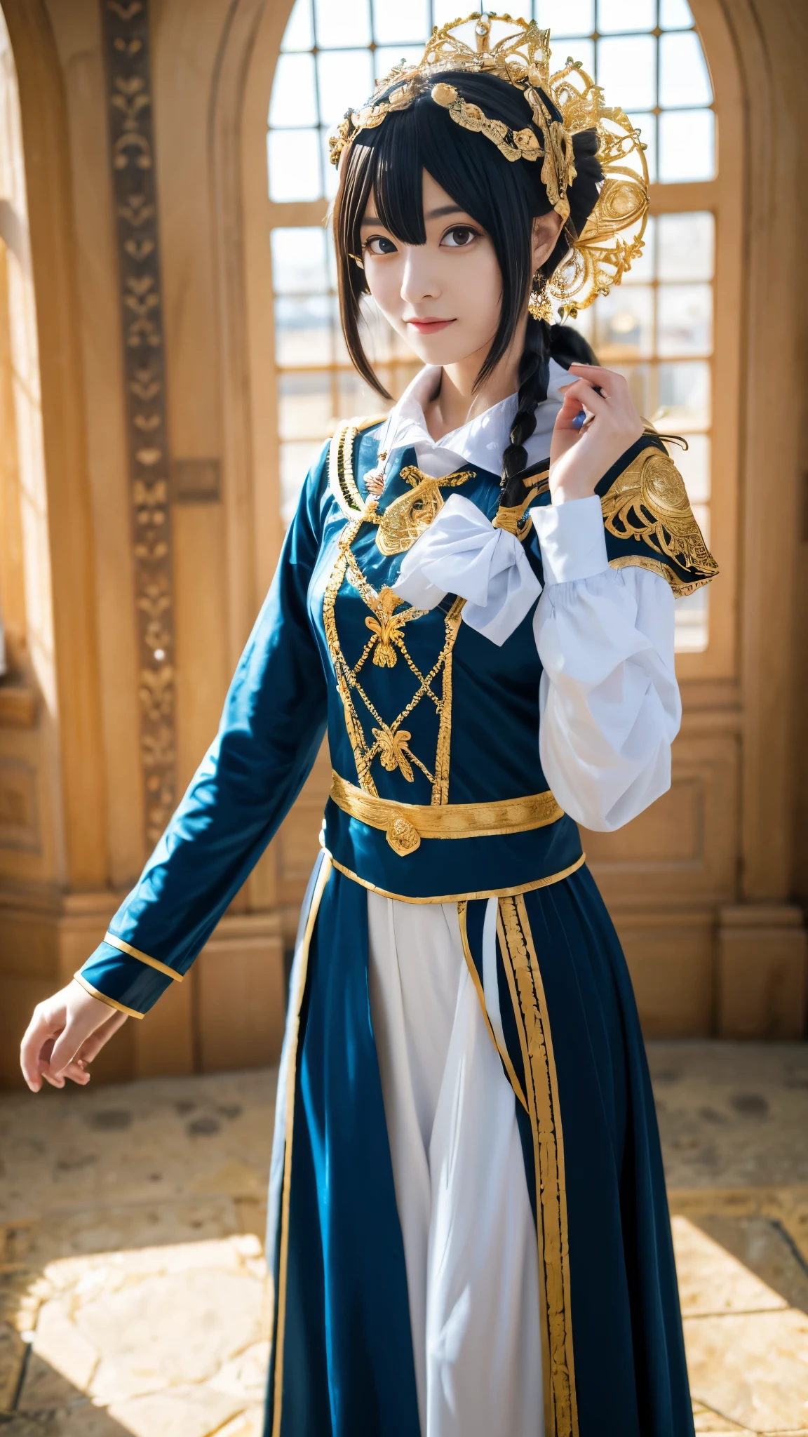 (top-quality, 8K, ?masterpiece:1.3) A photo of an enchanting anime cosplay girl, portraying a [adjective] character, engaged in [action], wearing an intricately crafted costume, in a [setting] that complements the character's origin, captured with a [type of camera lens] that emphasizes highly detailed features. The image should highlight detailed skin, and [lighting style] should enhance the overall allure of the cosplay.
