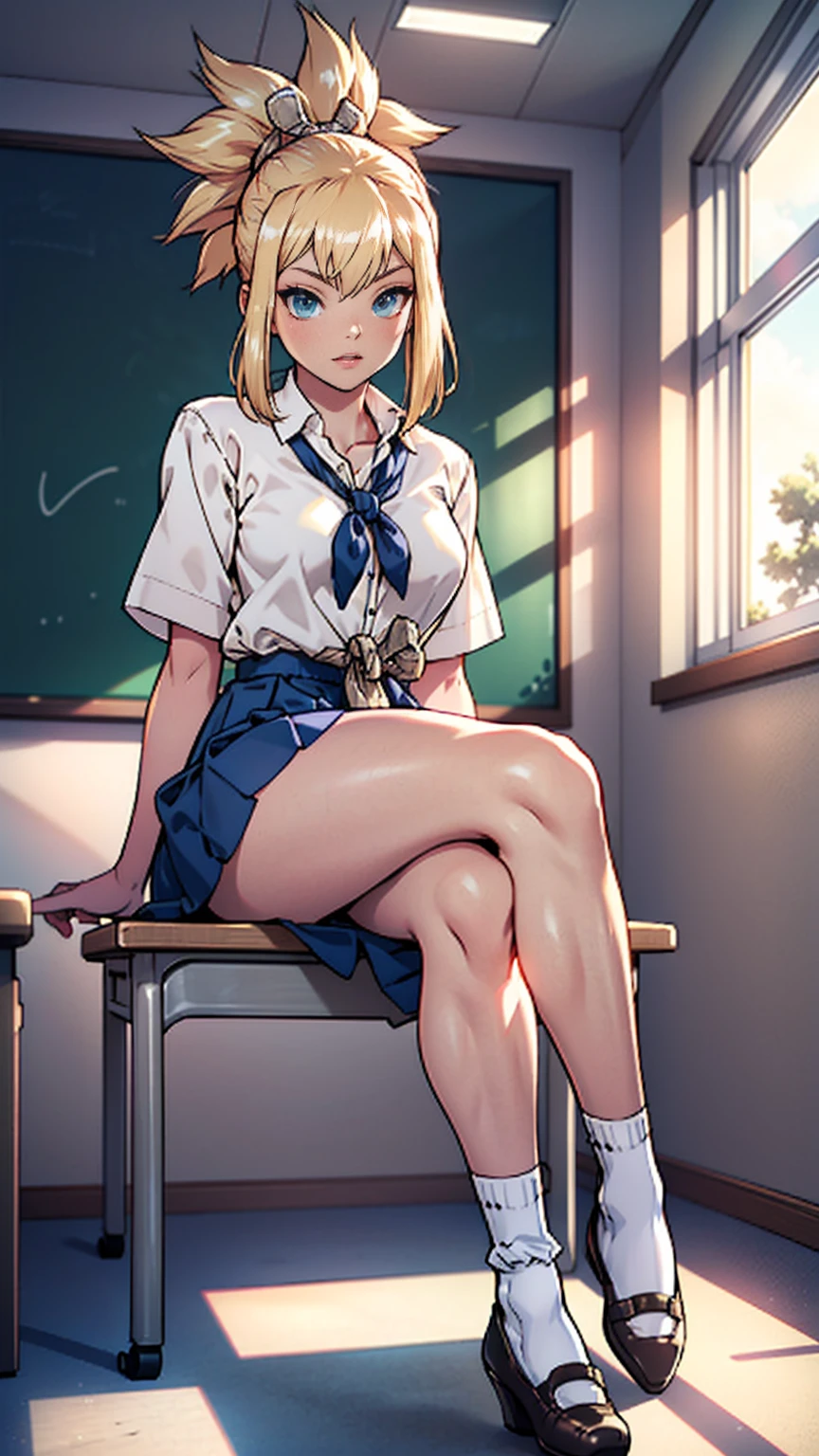 pleated skirt, dress shirt, white shirt, yellow cardigan, low heels, long socks, white socks, school, classroom, kohaku, blonde hair, blue eyes, sitting, legs crossed, kawai, cute, portraits, vivid colors, soft lighting, JC girl, school uniform