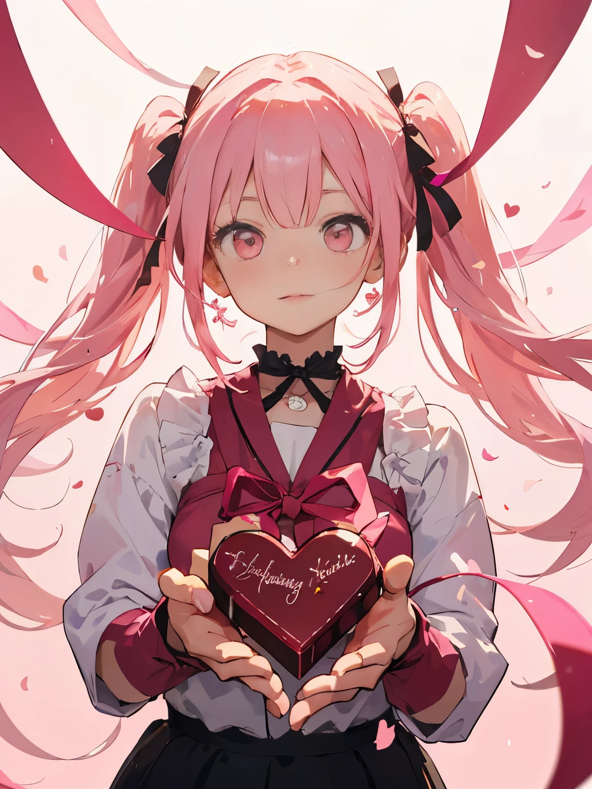 with a girl、no background、no background、background through、twin tails、two knots、pink hair、pink color、pink eyes、Valentine、candy、chocolate、Valentine’s Day、ribbon、cute、