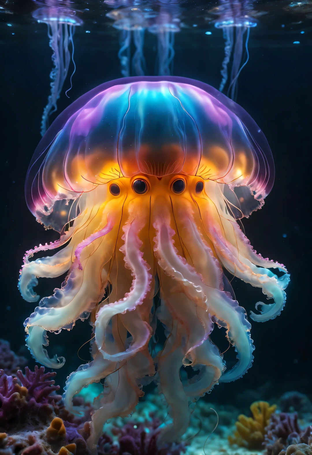from below, ultra high definition, masterpiece, Ultra-detailed, high detail, high quality, Award-winning, best quality, high resolution, 16k,Grandpa Jellyfish,Shining with colorful light