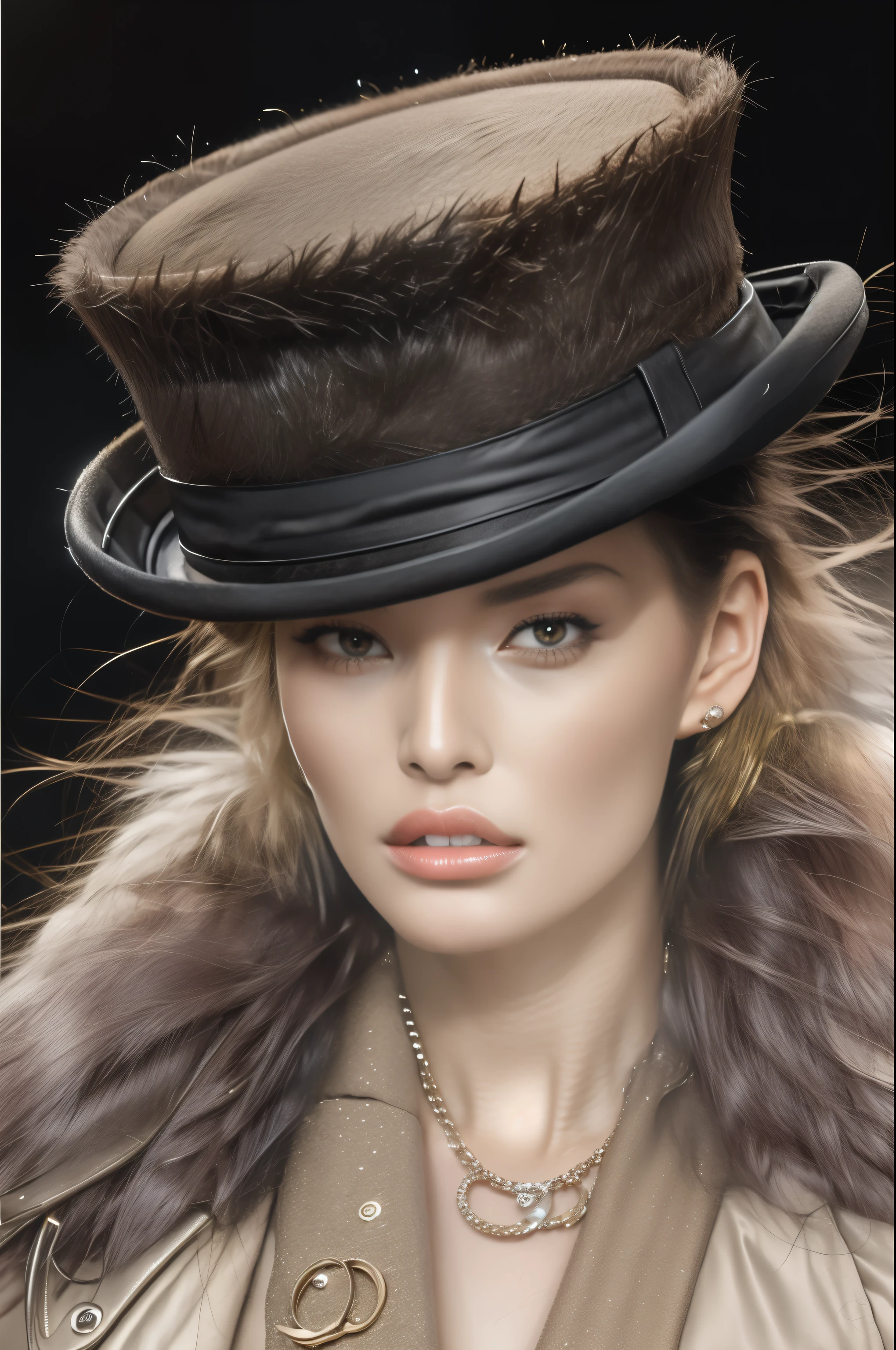 Arafed image of a woman in a hat and fur coat, Jean Paul Gaultier, Pat McGrath, wearing a top hat, magic and steam - punk style, Mario Testino, dieselpunk, В top hatе в стиле стимпанк, Steven Meisel, glamor model from the catwalk, Dior, top hat, face of a fashion model, inspired by Emma Andijewska