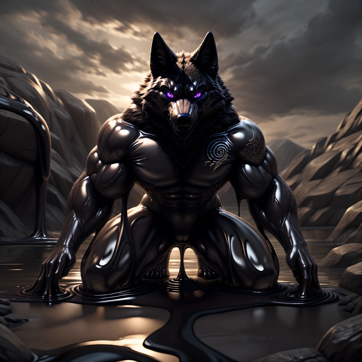 Front view, a muscular wolf, ((glowing purple snake eyes)), (((purple latex skin))), ((thick thigh)) in a ((goo lake)). (((glowing purple tribal tattoo))), exposing its strength and power. The wolf's body is covered in shiny latex. The atmosphere is mysterious and dark. The high-quality, 4k resolution captures every detail of the wolf's muscular physique and the intricate pattern of its tattoo. The artwork is a masterpiece. 