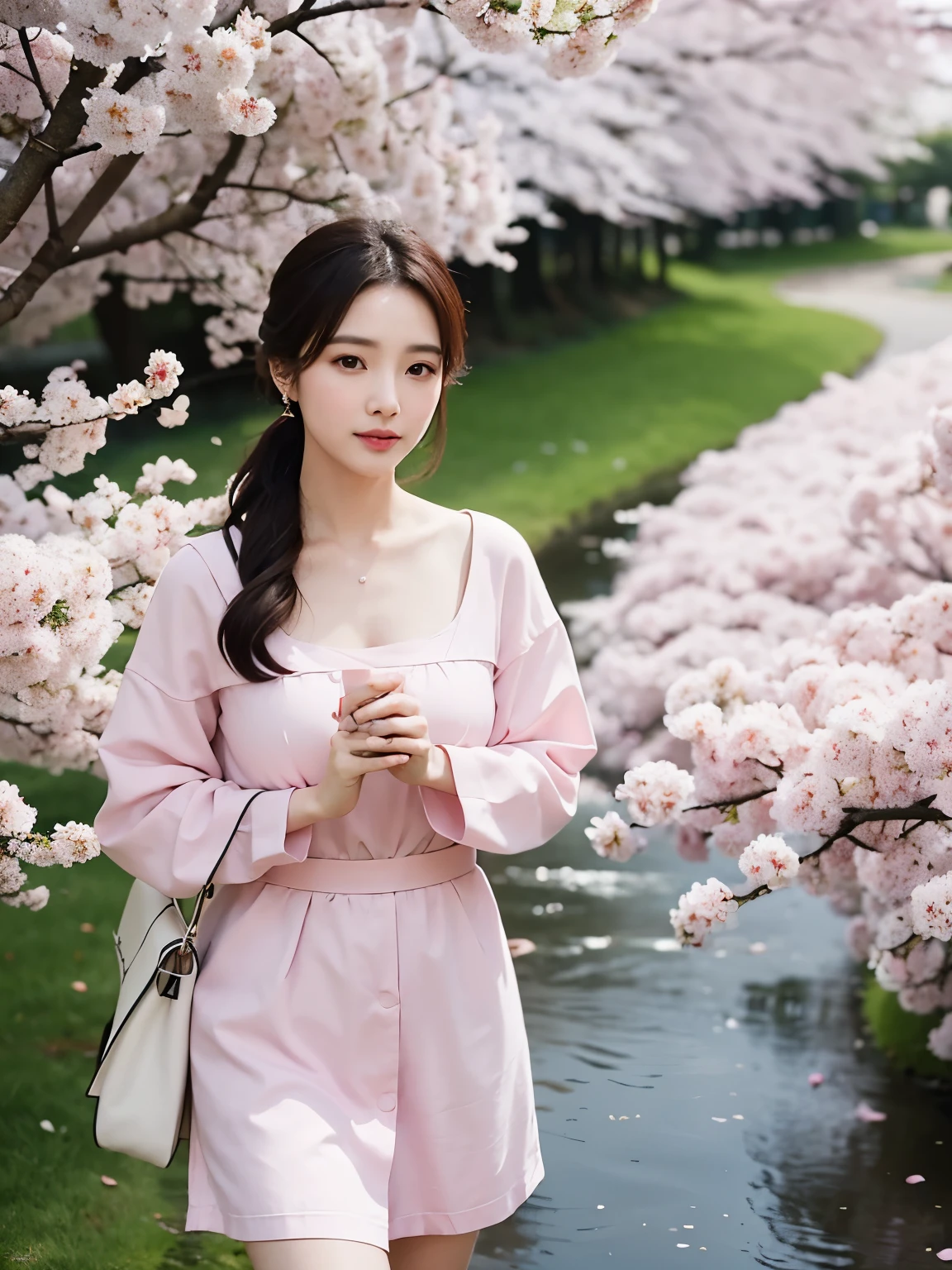 A beautiful asia women in serene cherry blossom park in full bloom with petals gently falling into a meandering stream, , sharp focus, depth of field, 8k photo, HDR, professional lighting, taken with Canon EOS R5, 75mm lens, natural beauty