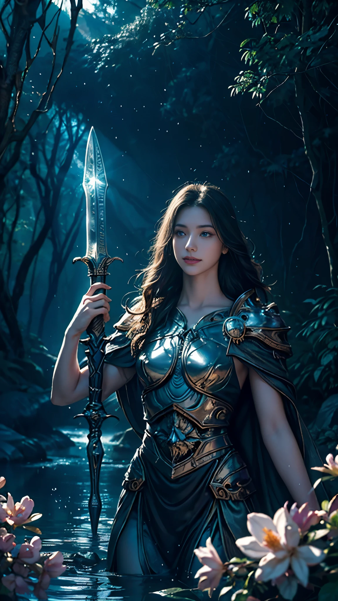 A formidable paladin stands boldly by a serene mountain stream, holding up a glowing sword, exuding powerful magic of light. An ethereal fairytale forest backdrop comes to life with sparkling reflections on the water's surface., and the flowers bloom in bright colors. The paladin's calm and focused facial expression adds composure to the scene., brilliantly conveyed in a professionally executed composition. The attention to detail is amazing: Cinematic lighting illuminates every crevice, leaf and petal. The overall aesthetic is reminiscent of Fujifilm photography, conveying the beauty and depth of this magical place.