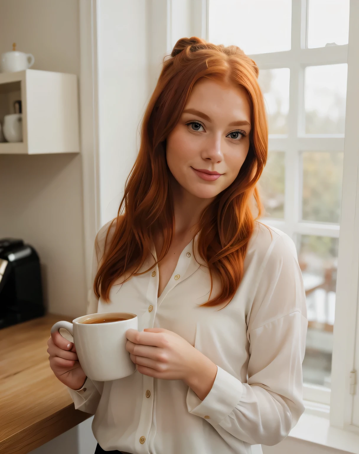 mulher ruiva jovem, cabelo penteado com dois coques, tirando uma selfie, melhor qualidade, rosto perfeito, Blusa branca, em um ambiente caseiro e aconchegante, com luz natural entrando pela janela. She holds a mug of coffee with a soft smile, looking ready to start the day, Tons claros no fundo,