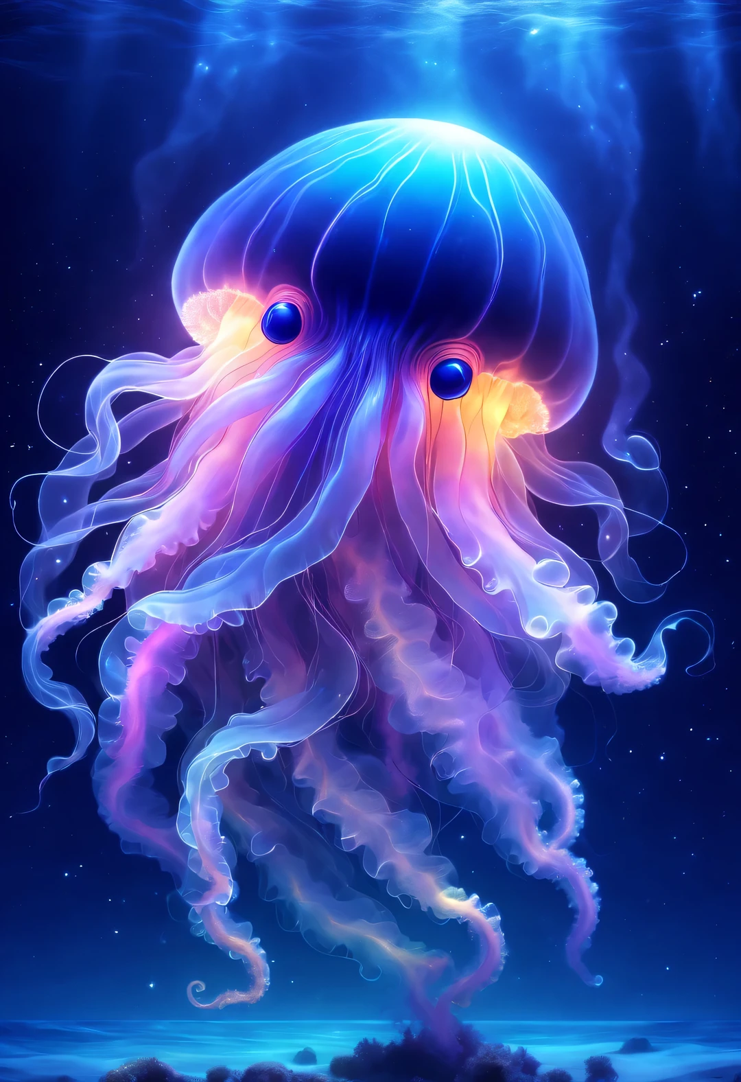 black light art，Grandpa Jellyfish，Shining with colorful light，Background dark blue sea bottom，twinkling stars