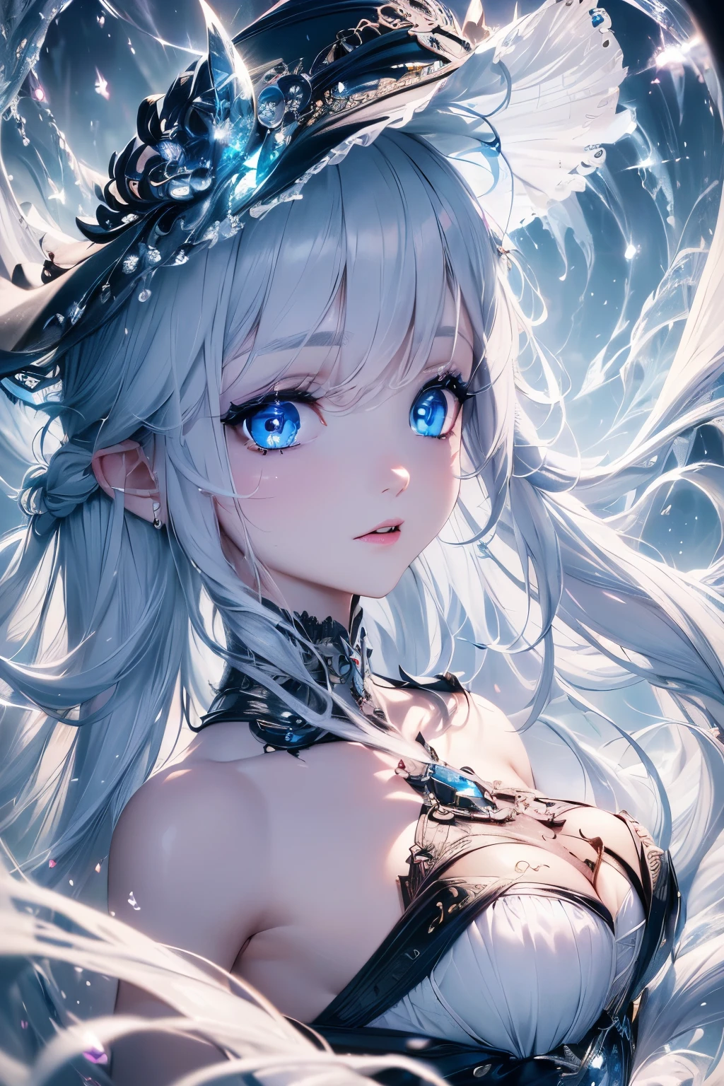 4K quality:1.2,1girl,sense of deps,disorganized,catch light,Super beautiful illustration,((White,long hairstyles:1.3)),dark dark eyeshadow,(((4k,super beautiful,In detail,blue eyes))),bright red lipstick,gothic lolita,;D,beautiful and delicate hair