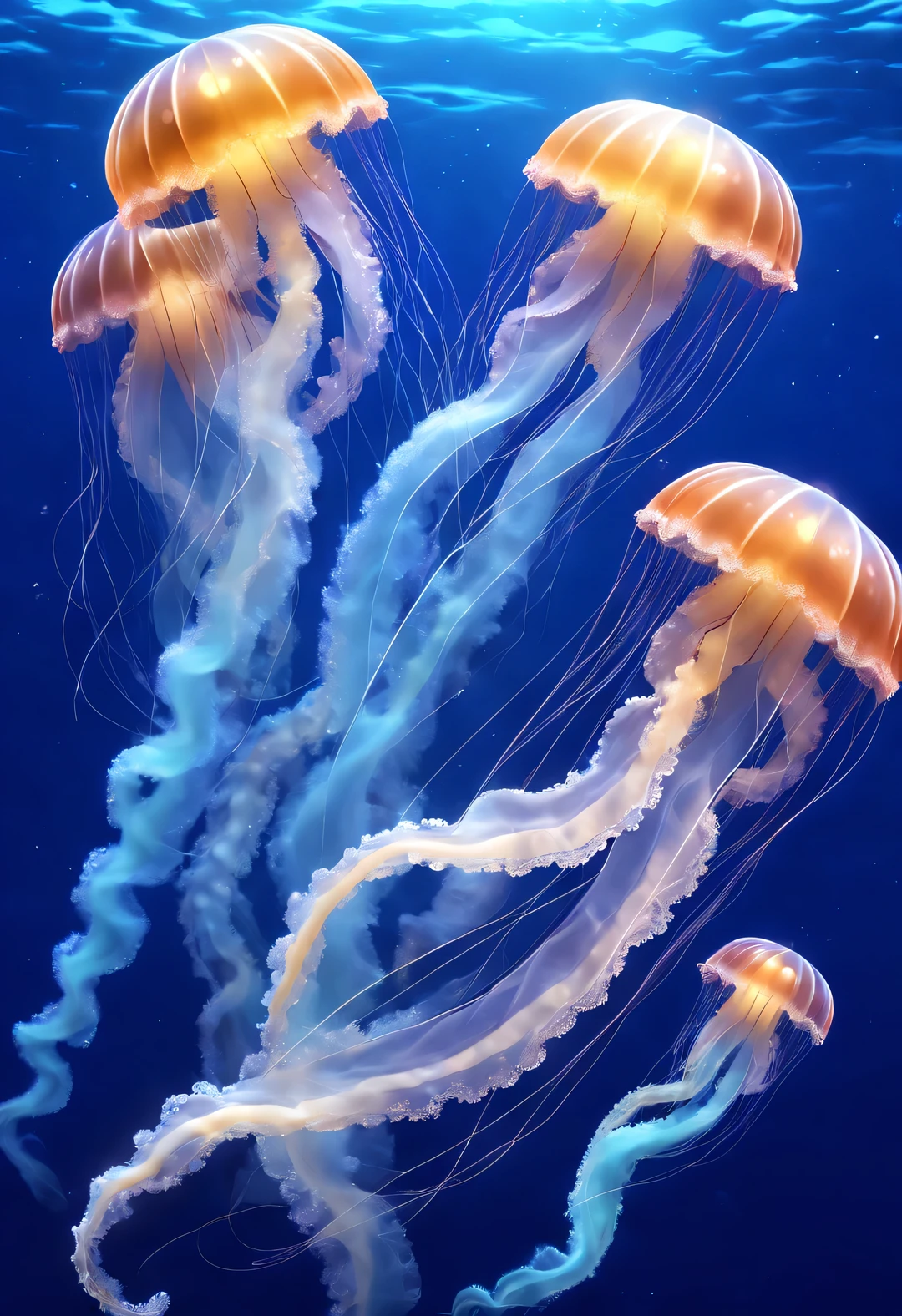 Jellyfish is a very beautiful aquatic animal。Its body is shaped like a transparent umbrella，Umbrella body diameters vary from large to small.，diameter of large jellyfish&#39;Umbrella can reach up to 2 meters。There are some whisker-like tentacles on the edge of the umbrella.，Some tentacles can be 20-30 meters long。
The main component of the jellyfish body is water，Made up of two germ layers, Internal and external，There is a thick middle glue layer between the two layers，not only transparent，It also has a floating effect。when they move，Use body reflexes to move forward，looking from afar，Like a round umbrella floating quickly in the water；Some jellyfish umbrellas also have various patterns.，In the blue ocean，These different colored jellyfish are swimming，looks very beautiful。background：deep blue dark sea bottom，tiny stars