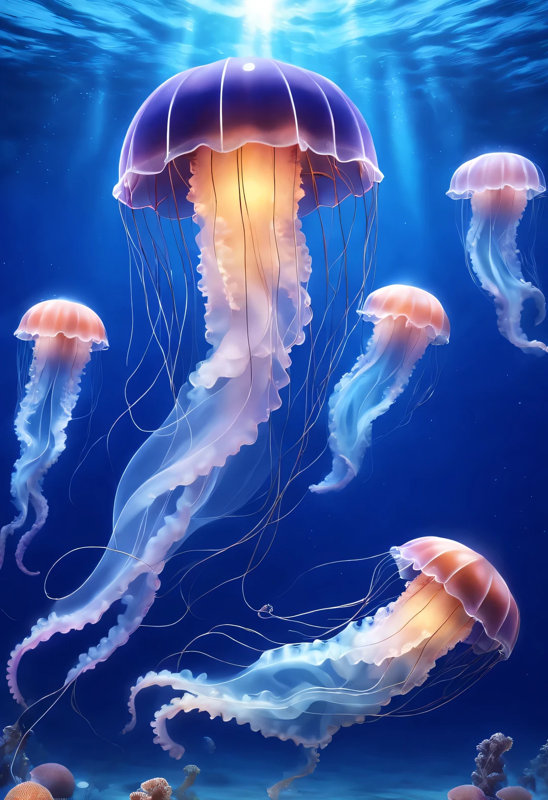 Jellyfish is a very beautiful aquatic animal。Its body is shaped like a transparent umbrella,Umbrella body diameters vary from large to small.,diameter of large jellyfish'Umbrella can reach up to 2 meters。There are some whisker-like tentacles on the edge of the umbrella.,Some tentacles can be 20-30 meters long。
The main component of the jellyfish body is water,Made up of two germ layers, Internal and external,There is a thick middle glue layer between the two layers,not only transparent,It also has a floating effect。when they move,Use body reflexes to move forward,looking from afar,Like a round umbrella floating quickly in the water;Some jellyfish umbrellas also have various patterns.,In the blue ocean,These different colored jellyfish are swimming,looks very beautiful。background:deep blue dark sea bottom,tiny stars