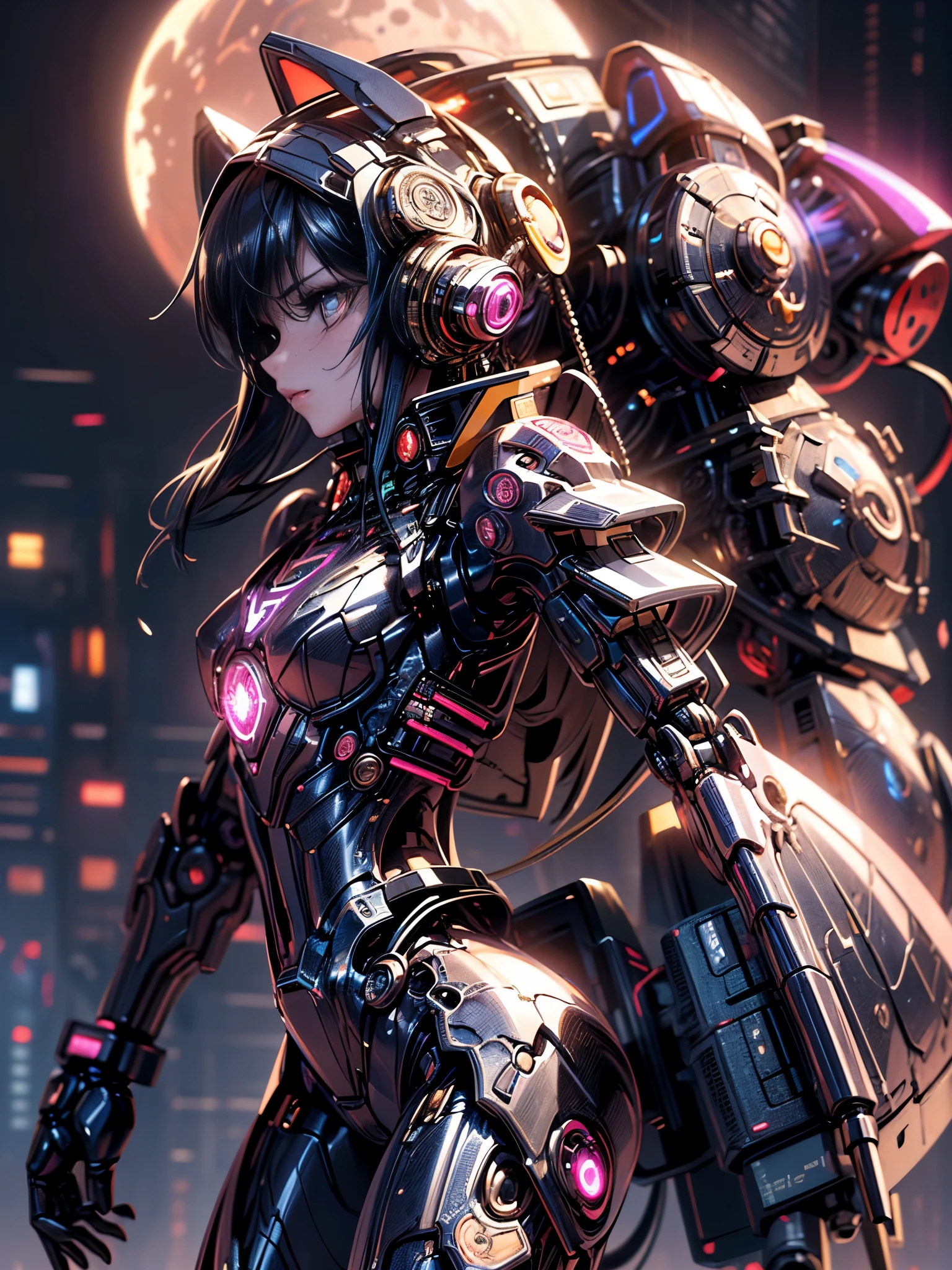 best image quality，excellent details，ultra high resolution，（fidelity：1.4），best illustrations，focus on details，daughter，The background is a futuristic city，((night with a bright moon))，beauty of android、fancy blonde hairstyle、19 years old、Neat and detailed facial features、beautiful girl、Devil mechanical armor based on bright purple、(Realistic mechanical parts:1.3)(Bare skin of chest and thighs exposed:1.3)Buster unit on the back（accelerator on the back）Cyberpunk characters、action pose