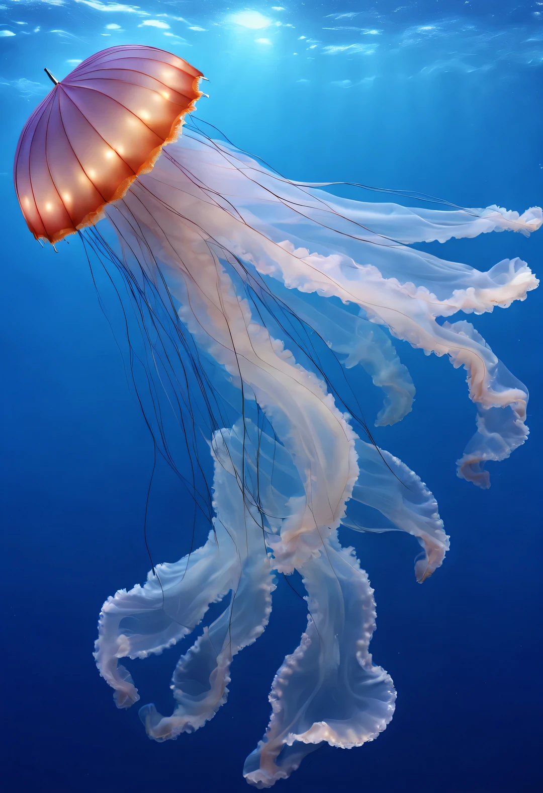 Jellyfish is a very beautiful aquatic animal。Its body is shaped like a transparent umbrella，Umbrella body diameters vary from large to small.，diameter of large jellyfish&#39;Umbrella can reach up to 2 meters。There are some whisker-like tentacles on the edge of the umbrella.，Some tentacles can be 20-30 meters long。
The main component of the jellyfish body is water，Made up of two germ layers, Internal and external，There is a thick middle glue layer between the two layers，not only transparent，It also has a floating effect。when they move，Use body reflexes to move forward，looking from afar，Like a round umbrella floating quickly in the water；Some jellyfish umbrellas also have various patterns.，In the blue ocean，These different colored jellyfish are swimming，looks very beautiful。