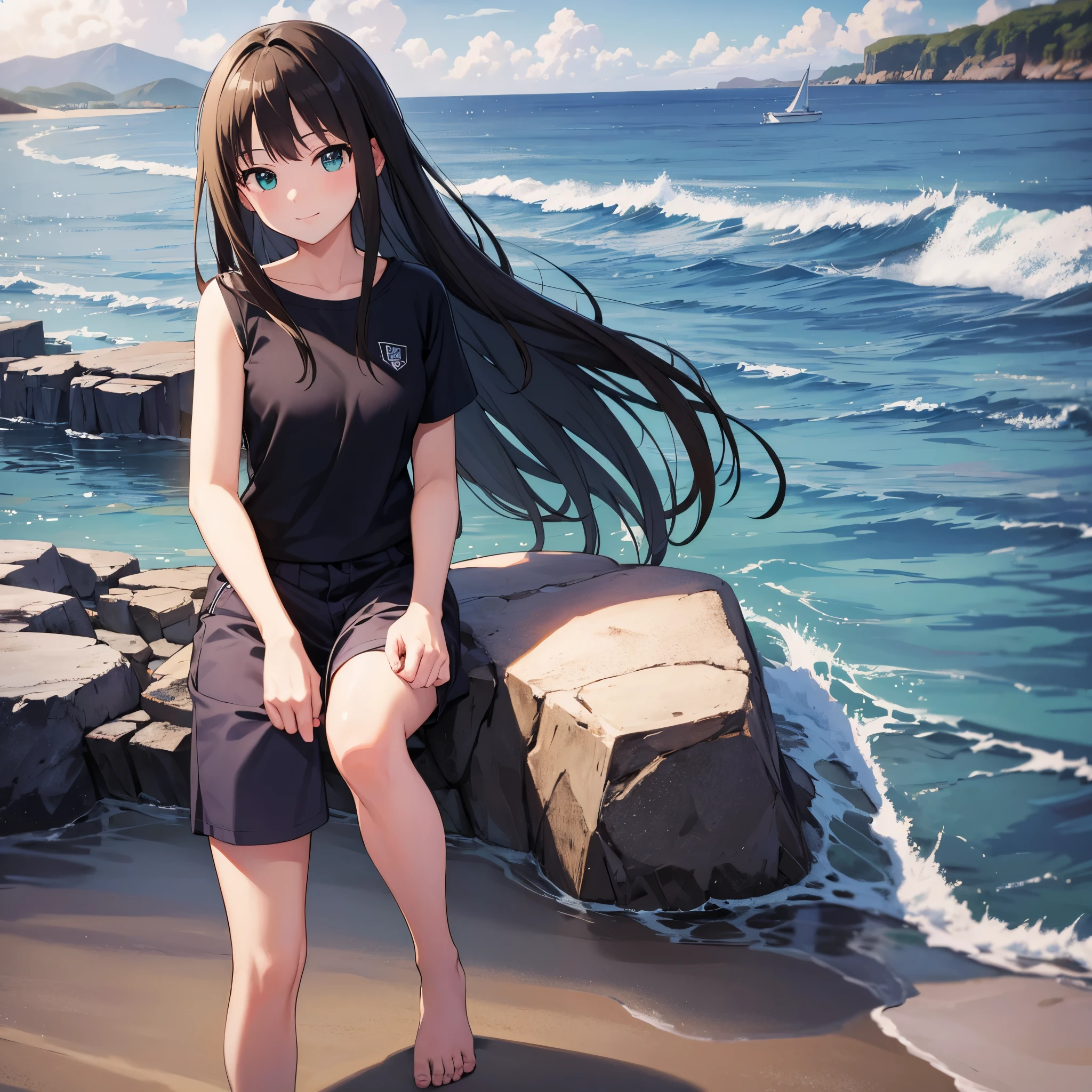 Rin Shibuya、masterpiece, highest quality, 1 girl, green eyes、long black hair, blue jersey, navy blue pants、coastal、posing on the beach、(dull smile:1.15)