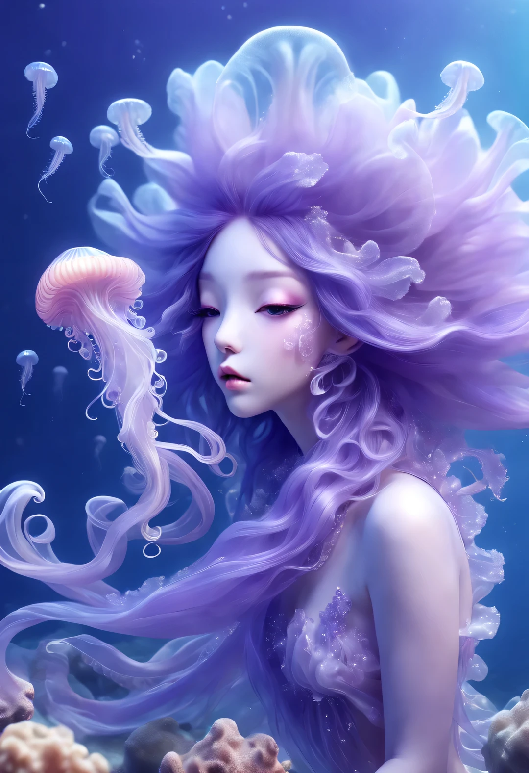 Little cute jellyfish fairy sitting on the reef,Blowing a large conch in his mouth,Transparent jellyfish head,Extra long purple hair,Graceful figure,The lower body is covered with many jellyfish tails,ethereal,fantasy,Romantic,magic,