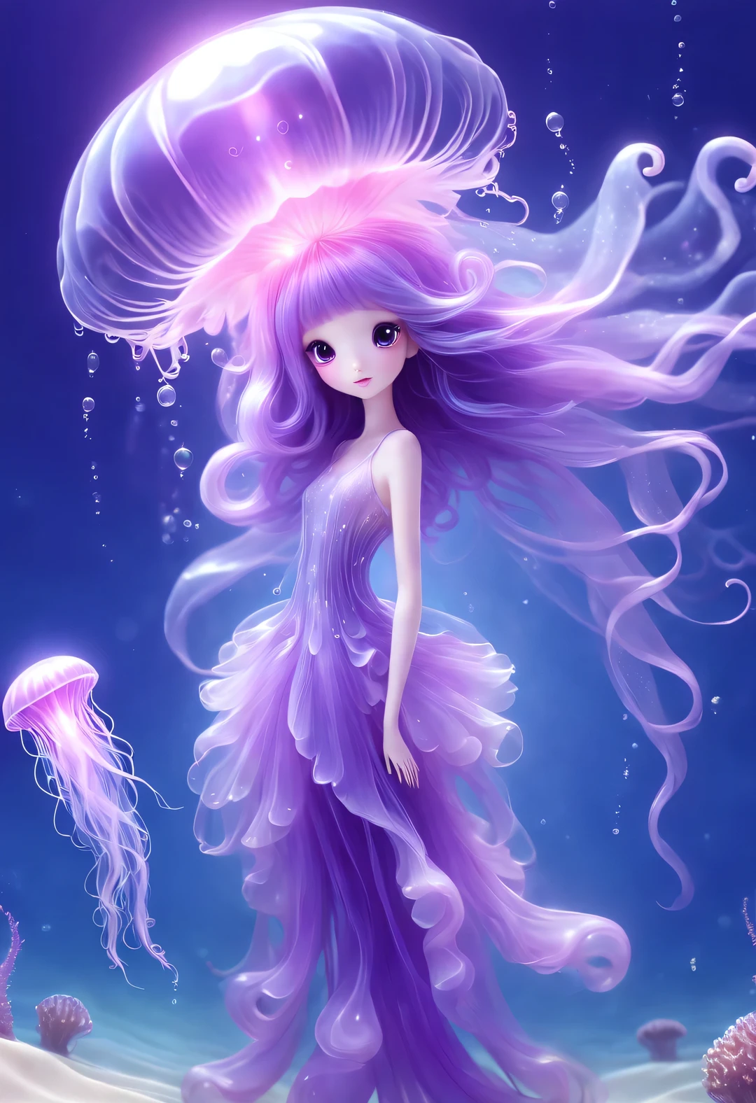 black light art，Aladdin Jellyfish Grandpa，Shining with colorful light，Background dark blue sea bottom，twinkling stars