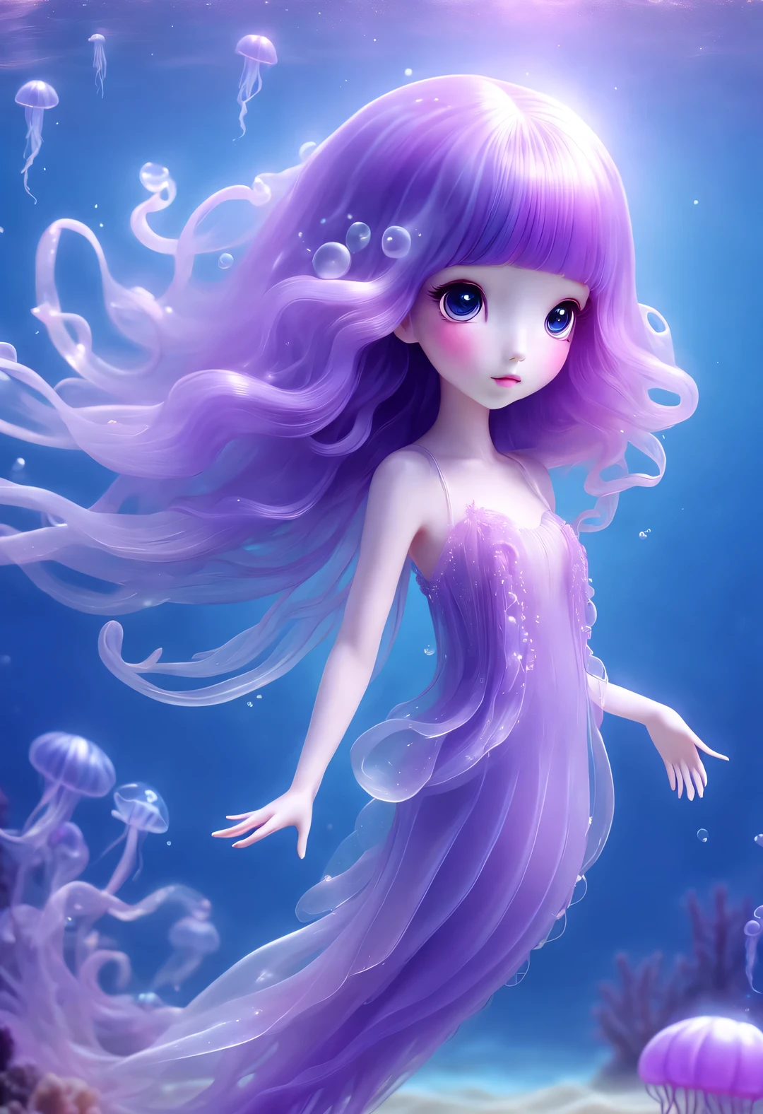 Cute little jellyfish fairy is emerging from the sea，Transparent jellyfish head，Extra long purple hair，Beautiful jellyfish tail，Top divine light，