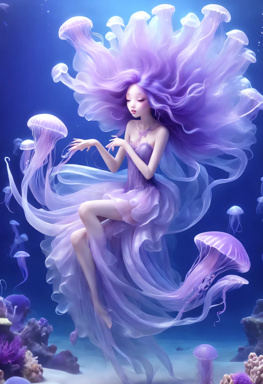 Little cute jellyfish fairy sitting on the reef，Blowing a large conch in his mouth，Transparent jellyfish head，Extra long purple hair，Graceful figure，The lower body is covered with many jellyfish tails，ethereal，fantasy，Romantic，magic，