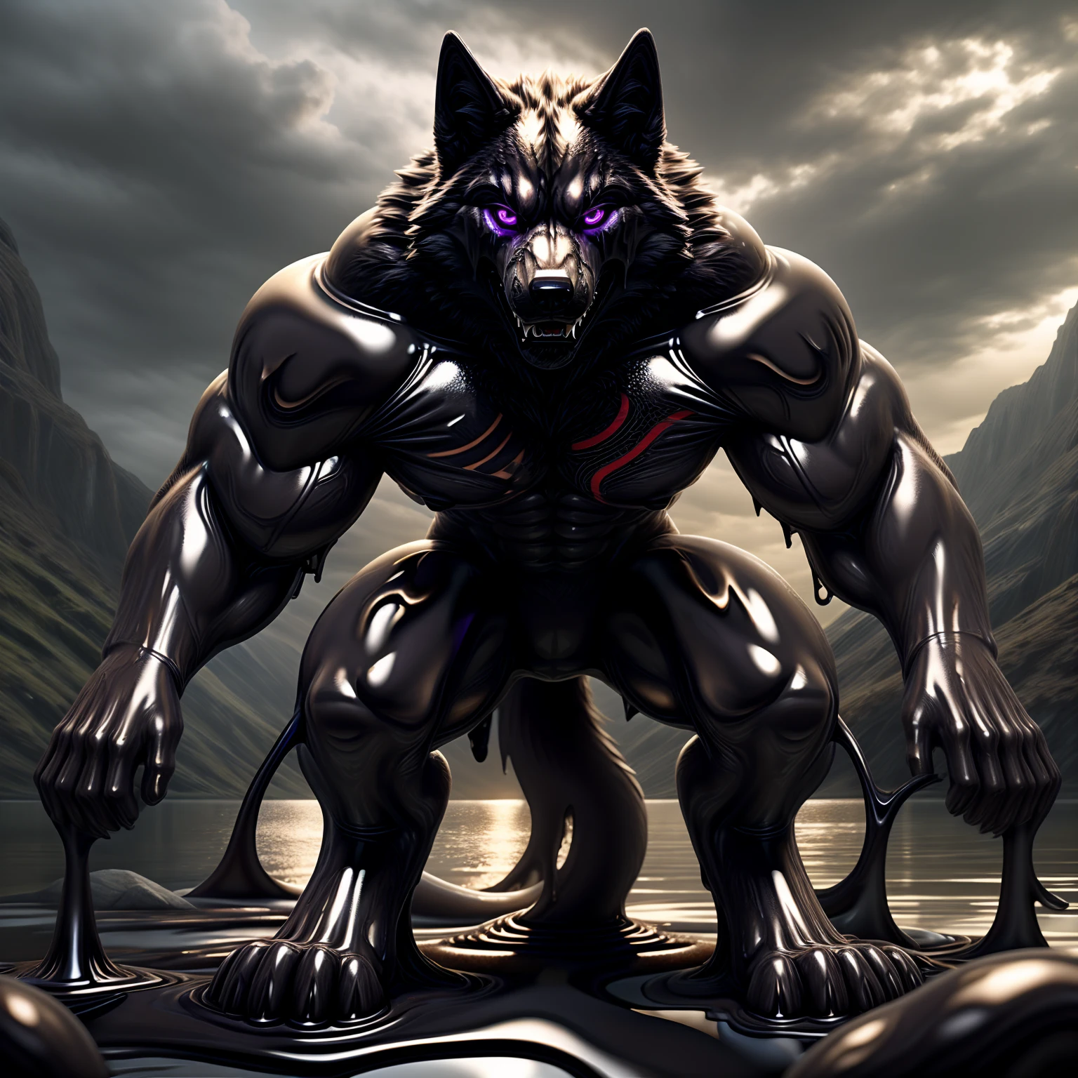 Front view, a muscular wolf, Standing, grinning, ((glowing purple snake eyes)), (((purple latex skin))), ((thick thigh)) in a ((goo lake)). (((glowing purple tribal tattoo))), exposing its strength and power. The wolf's body is covered in shiny latex. The atmosphere is mysterious and dark. The high-quality, 4k resolution captures every detail of the wolf's muscular physique and the intricate pattern of its tattoo. The artwork is a masterpiece.