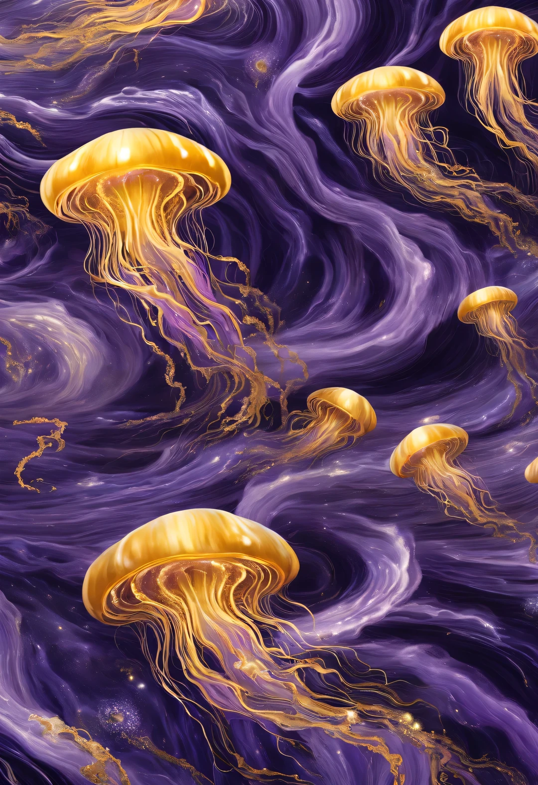 紫色和金色的水母在Huge whirlpools中游泳,Huge whirlpools