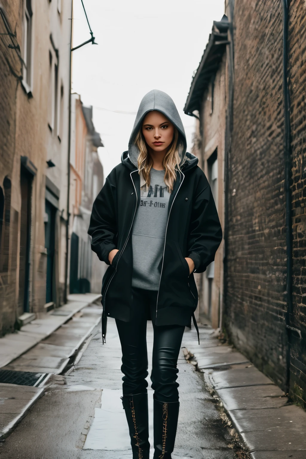 A beautiful woman, clad in a stylish hooded jacket and boots, strides confidently through the deserted alleyway of Mileland. The hood shields her from the prying eyes of passersby, while the boots echo against the cobblestones, signaling her approach. With an extra-detailed face, her features are accentuated by the harsh light, revealing every pore and line. Her highly detailed black eyes, filled with intrigue and mystery, gaze intently at something beyond the camera's frame.
The detailed body of the woman is encased in the hoodie, which reveals the texture of the fabric and the stitching. Her boots, too, are intricately