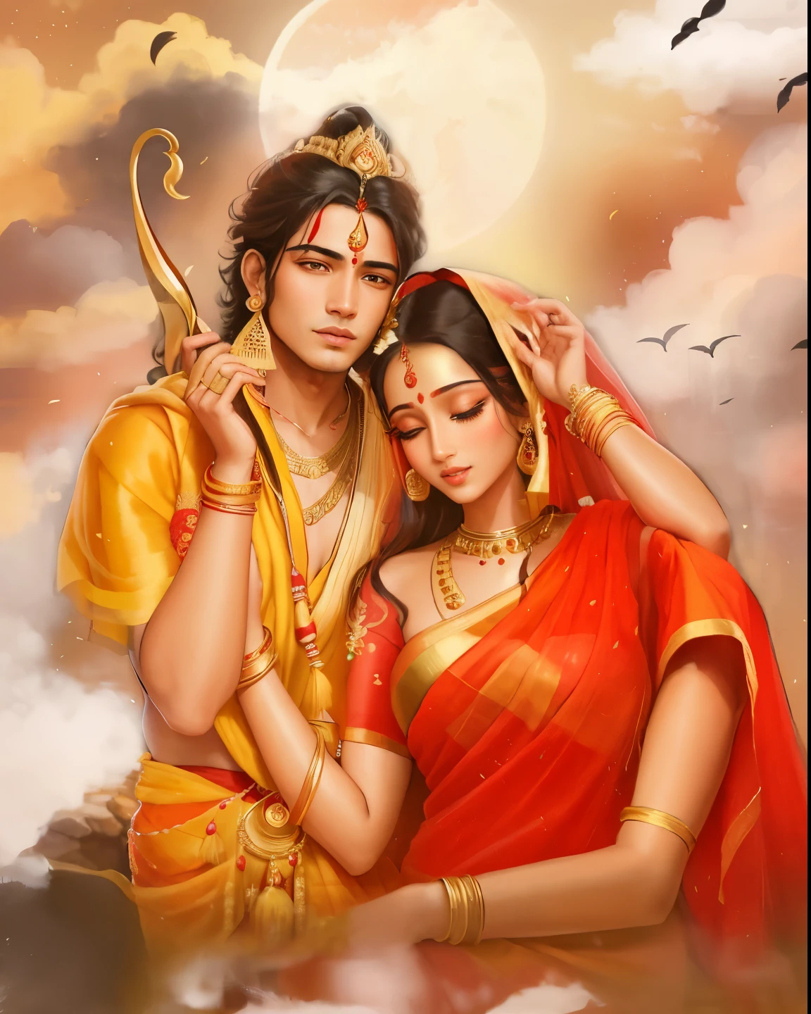 a painting of a couple in a red sari and a yellow sari, from ramayan, hindu art, ashoka tano, ghutra and egal, vanara, beautiful godrays, goddess of love and peace, godess, sakimi, hindu gods, hindu aesthetic, goddess of love, temple background, the goddess of love, indian goddess, shakti