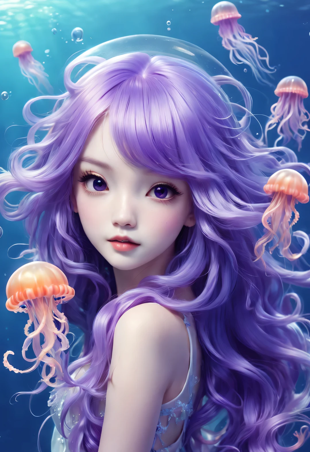 Small and cute jellyfish，Extra long purple hair，Graceful figure，