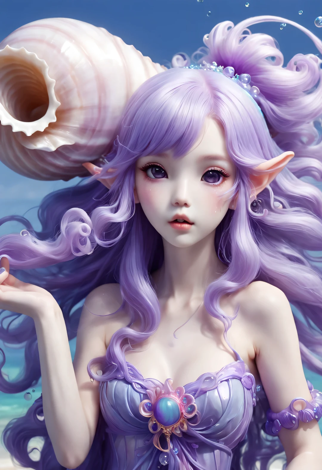 Cute jellyfish elf is blowing a conch shell,Extra long purple hair,Graceful figure,
