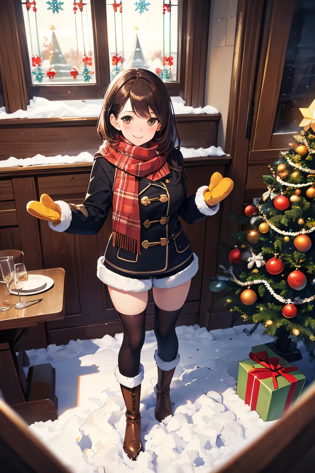 (disorganized, High resolution, super detailed, High resolution: 1.1), 1 girl, alone, wide angle, whole body, big breasts, smile, brown hair, light brown eyes, mittens, plaid scarf, duffel coat, corduroy shorts, thigh high socks, short boots, winter, snow, church, christmas season, Christmas tree, nice hands, perfect hands,