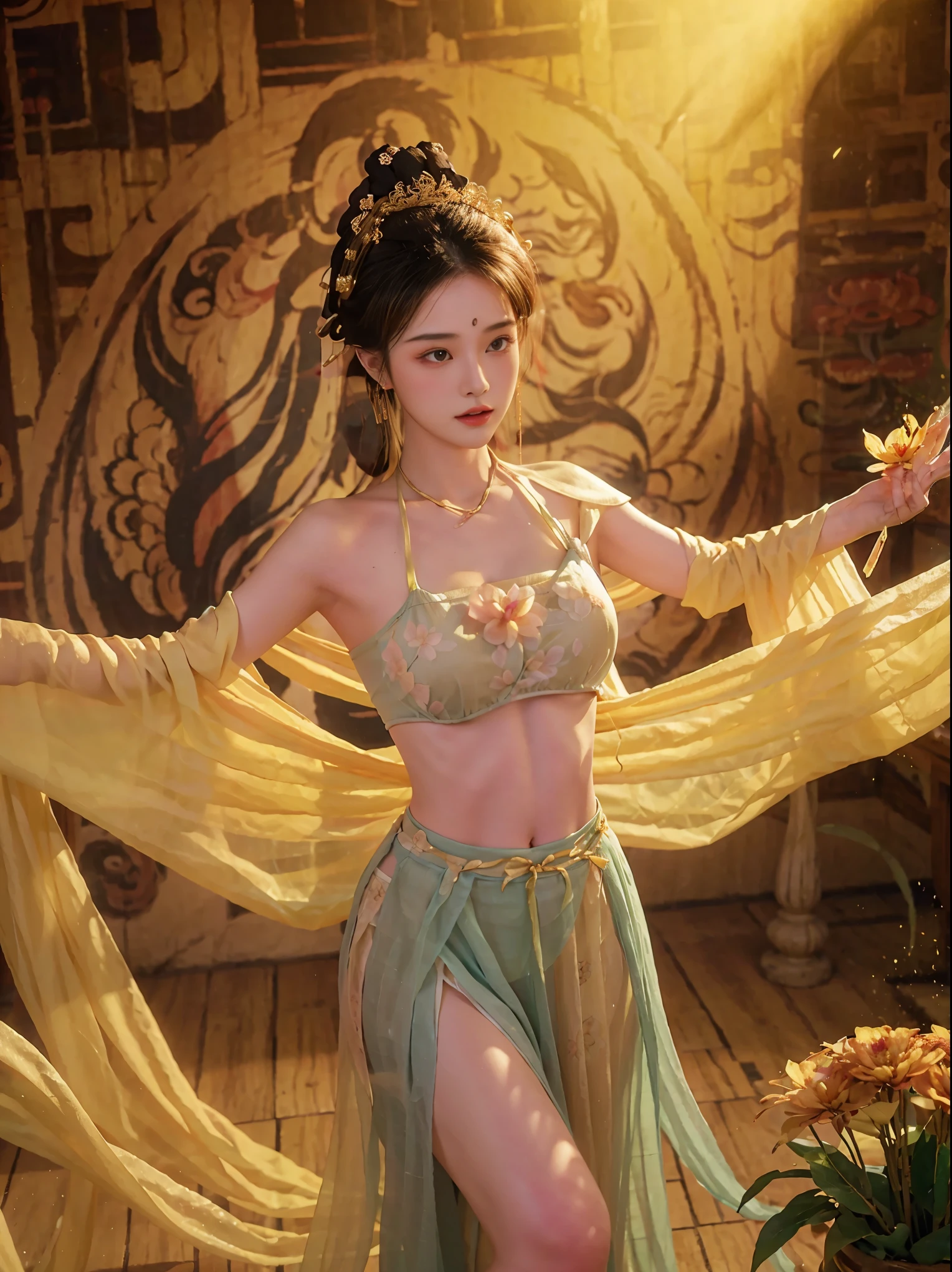 top quality, masterpiece, 超high resolution, (lifelike: 1.4) 1 girl, beautiful_Face, Delicate skin, Full body female love, jewelry, alone, earrings, (Tuesday: 1.3), vague, actual, lips, Dunhuang style, (tangled: 1.2), (flower: 1.4), big breasts, Belly button exposed, thin, big deal, ancient, top quality, masterpiece, very detailed, high resolution, 8k, intricate details, actual, lifelike, dramatic lighting, 1 girl, Dunhuang_clothing, Dunhuang_skirt, 部分被clothing覆蓋, (perspective: 1.3), 透過薄thin面紗, Get a glimpse of breasts, Create attractive and suggestive effects, Get a glimpse of the contours of her skin and breasts, Dance