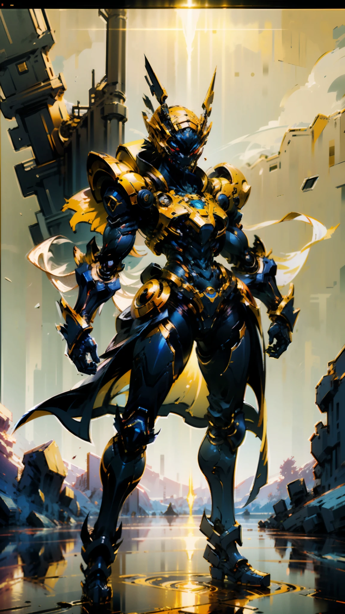 A woman adorned in fantasy-style full-body armor, a crown-concept fully enclosed helmet that unveils only her eyes, a composite layered chest plate, fully encompassing shoulder and hand guards, a lightweight waist armor, form-fitting shin guards, the overall design is heavy-duty yet flexible, ((the armor gleams with a golden glow, complemented by red and blue accents)), exhibiting a noble aura, she floats above a fantasy-surreal high-tech city, this character embodies a finely crafted fantasy-surreal style armored hero in anime style, exquisite and mature manga art style, (Queen bee mixed with Spider concept Armor, plasma, blood), ((Element, energy, elegant, goddess, femminine:1.5)), metallic, high definition, best quality, highres, ultra-detailed, ultra-fine painting, extremely delicate, professional, anatomically correct, symmetrical face, extremely detailed eyes and face, high quality eyes, creativity, RAW photo, UHD, 32k, Natural light, cinematic lighting, masterpiece-anatomy-perfect, masterpiece:1.5