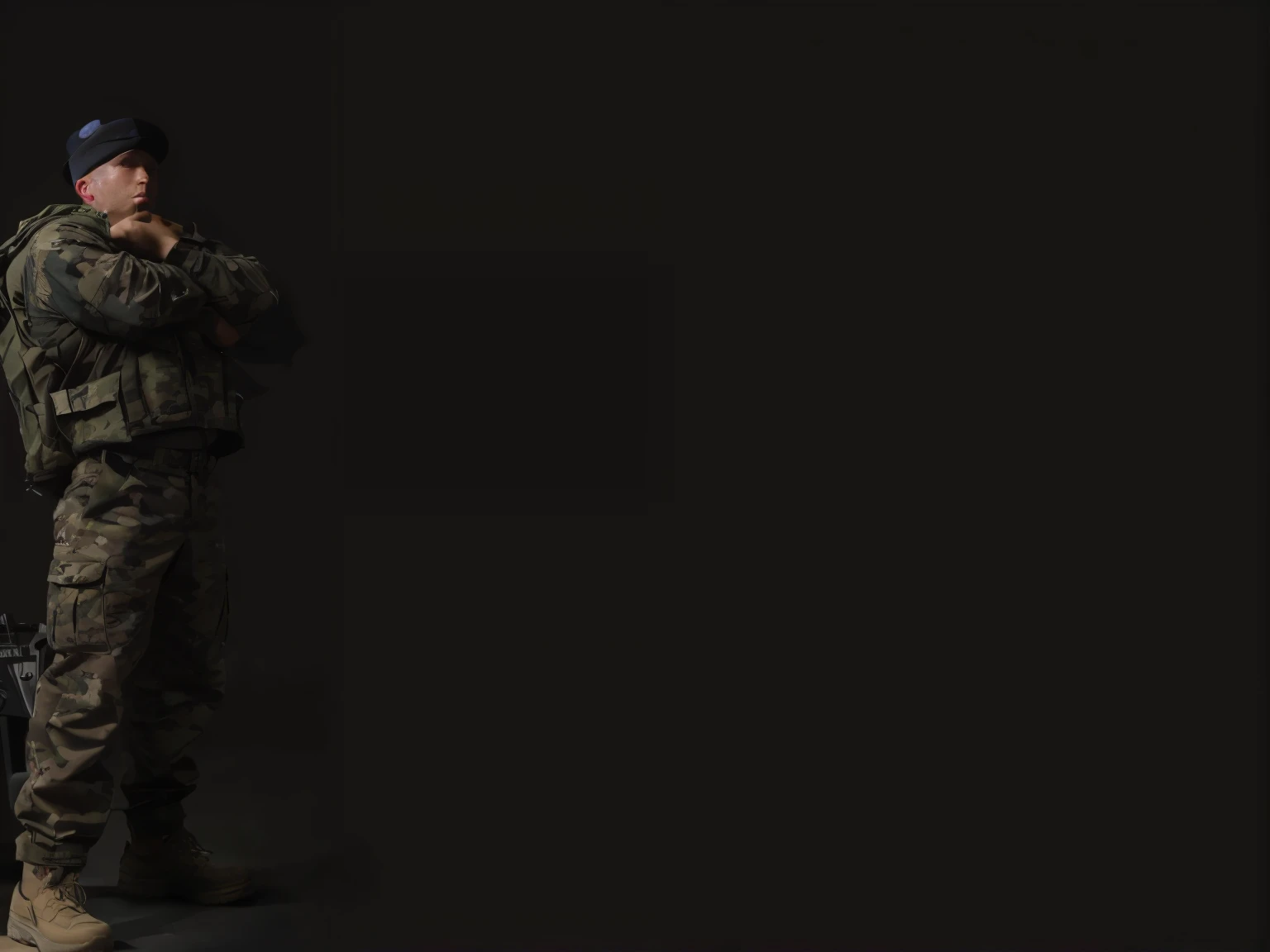 there is a muscular man in camouflage standing with crossed arms, blank background,photo real, futuristic marine, hyper realistic