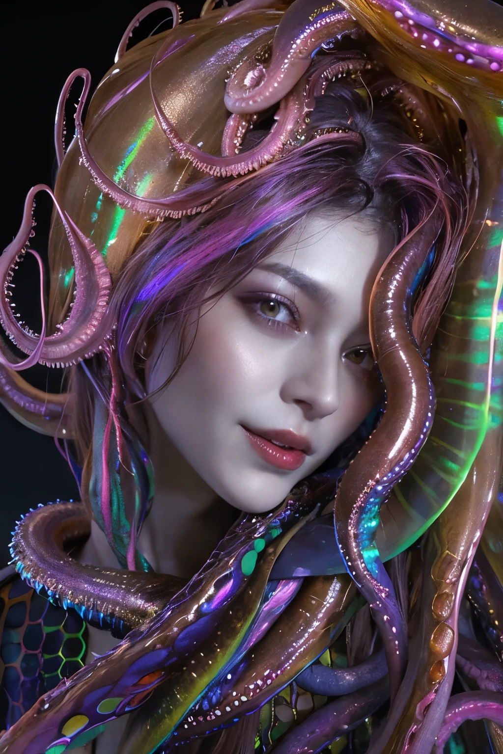 (1 extreamly beautiful female creature: 1.2), With a beautiful, enchanting face, this alien seduces us with her allure. Her captivating red eyes gleam brightly, reminiscent of burning embers. Her full body is unlike any human's, boasting a sexy, otherworldly form. No humans are present in this scene as she stands alone, her cells fused in a unique and intriguing extraterrestrial way.
(extraordinary beautiful nude photo:1.4), (glowing black eyes:1.5), (sexy and glamorous:1.1), (coquettish expression:1.2), toned lean body, (muscular:1.2), (beautiful abs:1.5), beautiful nipples, (She has lots of iridescent translucent tentacles instead of her hair:1.8), pale skin, (white skin with prominent veins:1.3), (She is looking down at the viewers from above with a seductive smile that suggests a sexual invitation:1.5), wearing a beautiful brightly colored exoskeleton, ultra realistic realism, High resolution, High freshness, Unity 8K wallpaper, Super detailed artistic photography,
Lots of iridescent translucent tentacles adorn her body, shimmering under the dramatic lighting. Her pale skin, with a hint of translucency, adds to her ethereal allure. This masterpiece, rendered in