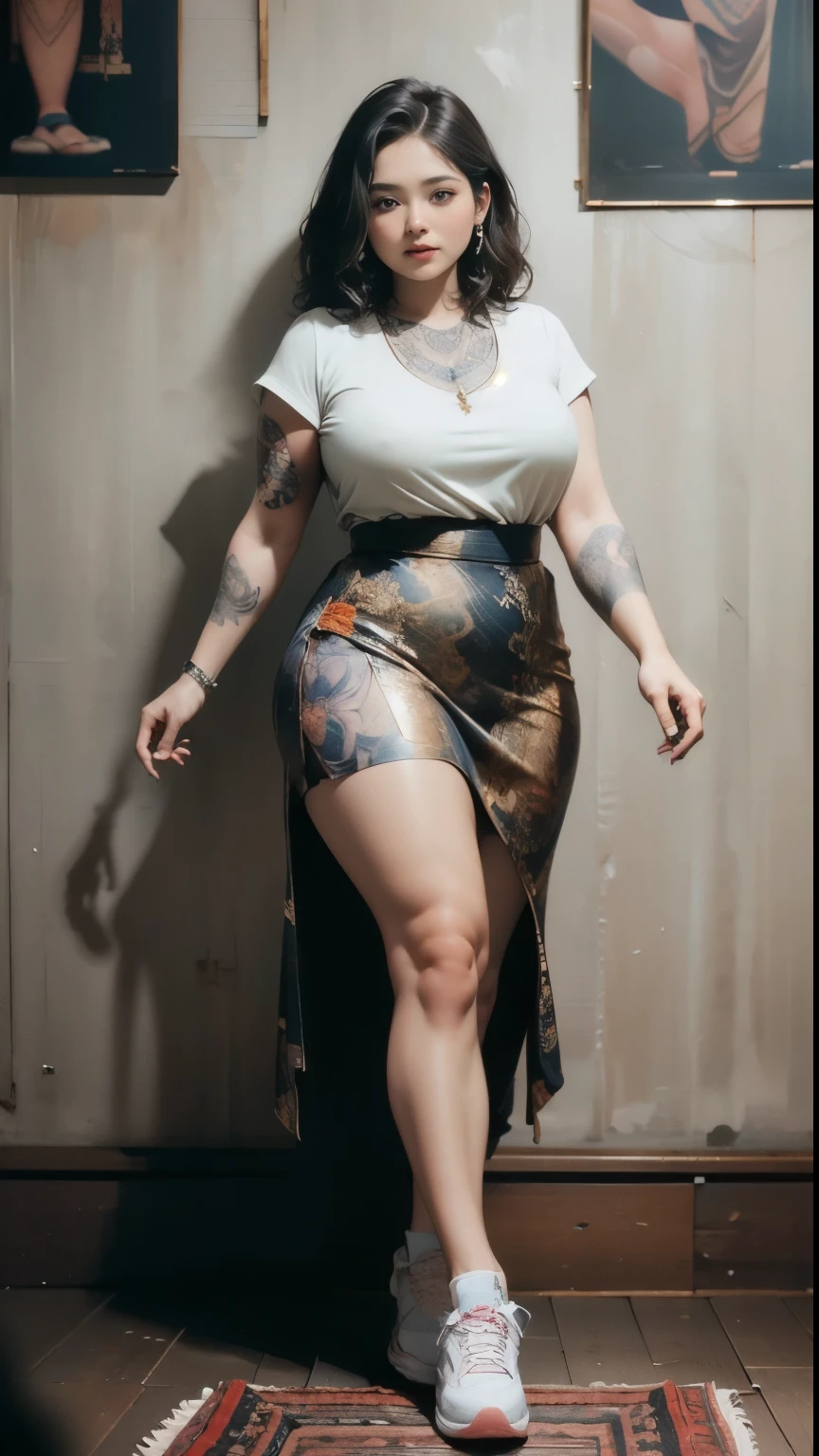 ((best quality)), ((masterpiece)), (detailed), perfect face, ((best quality)), ((masterpiece)), (detailed), perfect face, wanita chubby dewasa, wearing thight dress and thight skirt, chubby cheeks, chubby arm, chubby thighs, big breasts, wearing a sneakers, medium hair style, full body photoshoot, tattooed body , walk pose in a dark room , tattooed all over hands, slightly fat arms , fat thighs
