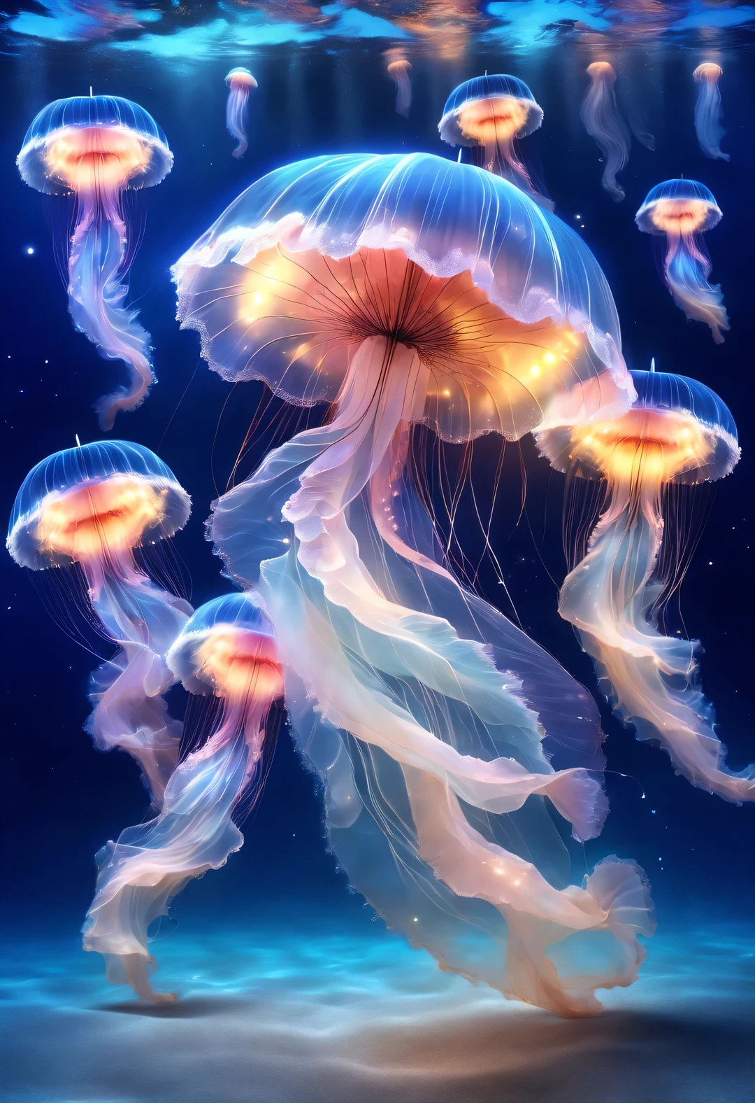Jellyfish fashion beauty skirt,Shining with colorful light,looking from afar,Like a round umbrella floating quickly in the water;Some jellyfish umbrellas also have various patterns.,In the blue ocean,These different colored jellyfish are swimming,looks very beautiful。background:deep blue dark sea bottom,tiny stars