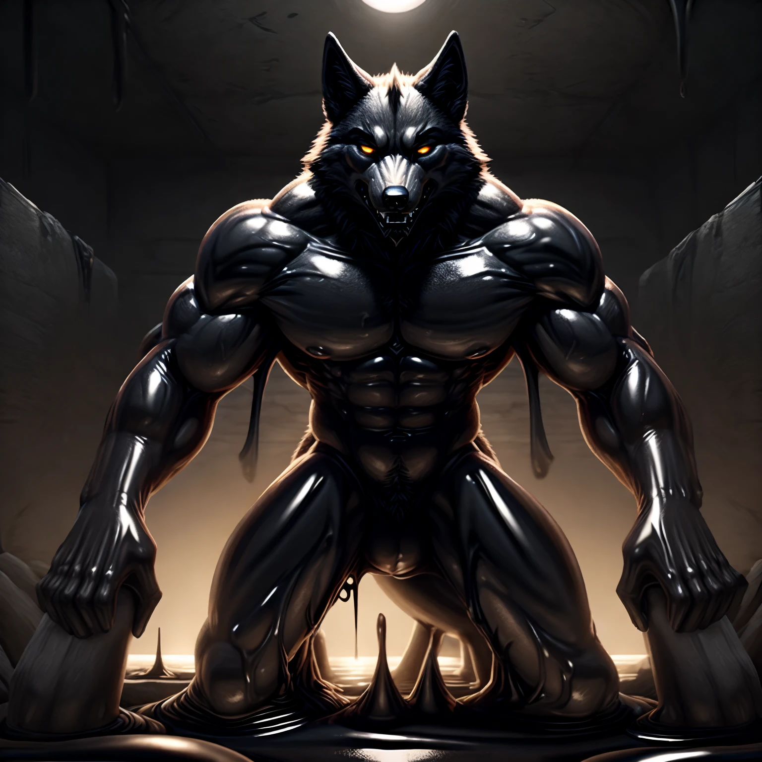 Front view, a muscular wolf, Standing straight, grinning, ((glowing purple snake eyes)), (((purple latex skin))), ((thick thigh)) in a ((goo lake)). (((glowing purple tribal tattoo))), exposing its strength and power. The wolf's body is covered in shiny latex. extra limbs, The high-quality, 4k resolution captures every detail of the wolf's muscular physique and the intricate pattern of its tattoo. The artwork is a masterpiece.
