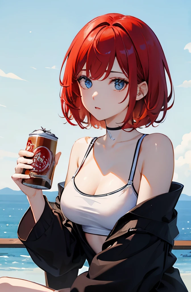 ８K, best quality, master piece, ultra-detailed,　Super Short Hair、pale red hair、Straight Hair、、double eyelid eyes、Pale blue eyes、　、　indian style　、　living、Pass Towel、In underwear、Cross-legged position、have a can of beer、sigh、midnight