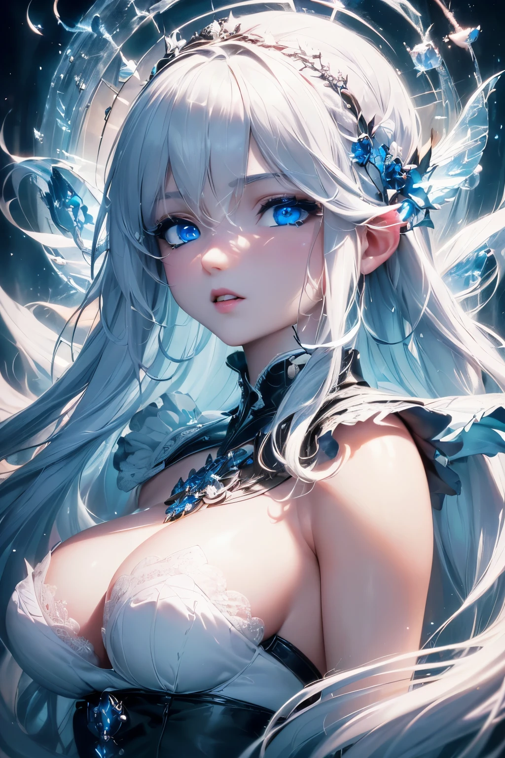 4K quality:1.2,1girl,sense of deps,disorganized,catch light,Super beautiful illustration,((White,long hairstyles:1.3)),dark dark eyeshadow,(((4k,super beautiful,In detail,blue eyes))),bright red lipstick,gothic ta,;D,beautiful and delicate hair