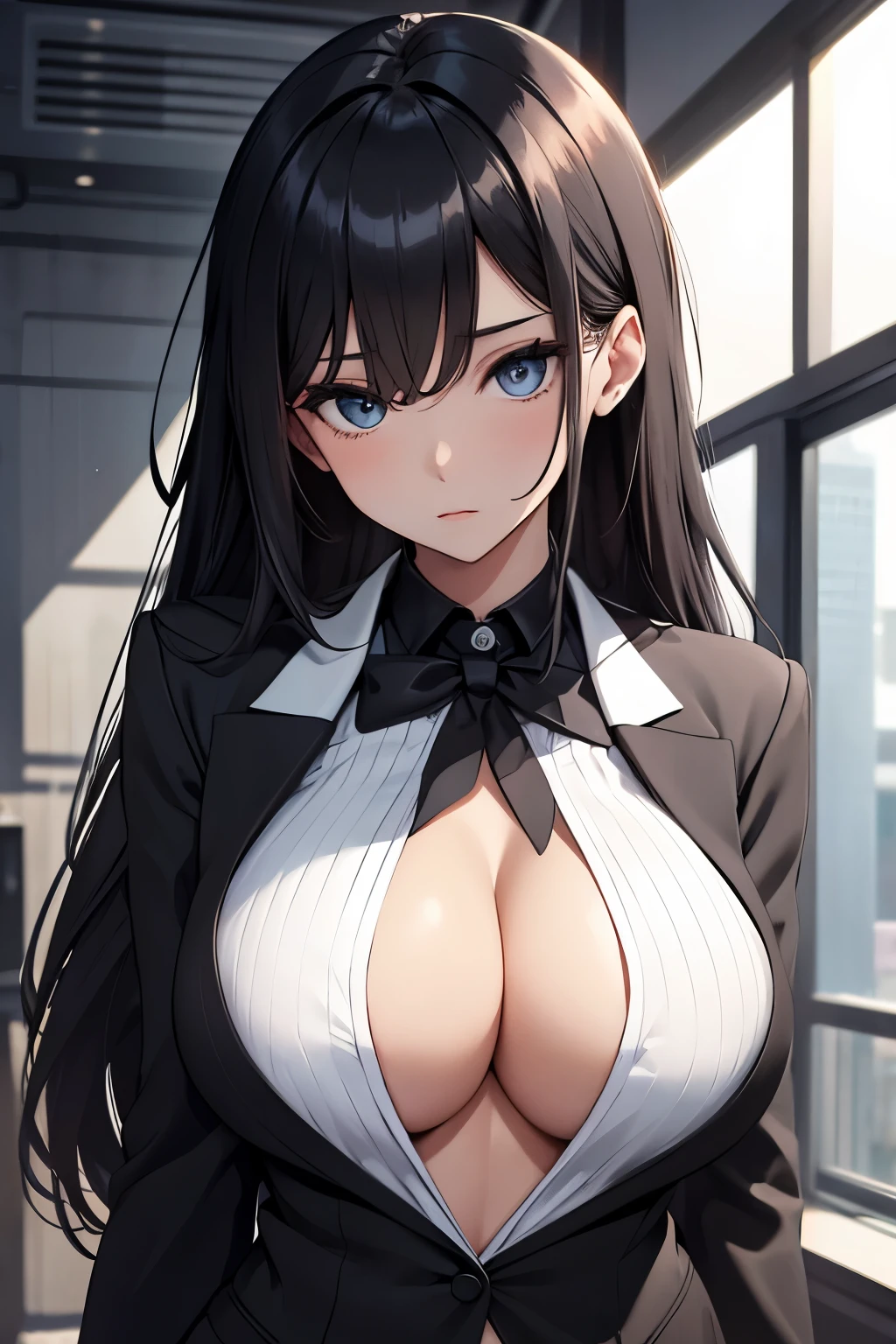 Beautiful girl, black suit, break, white shirt, big breasts,