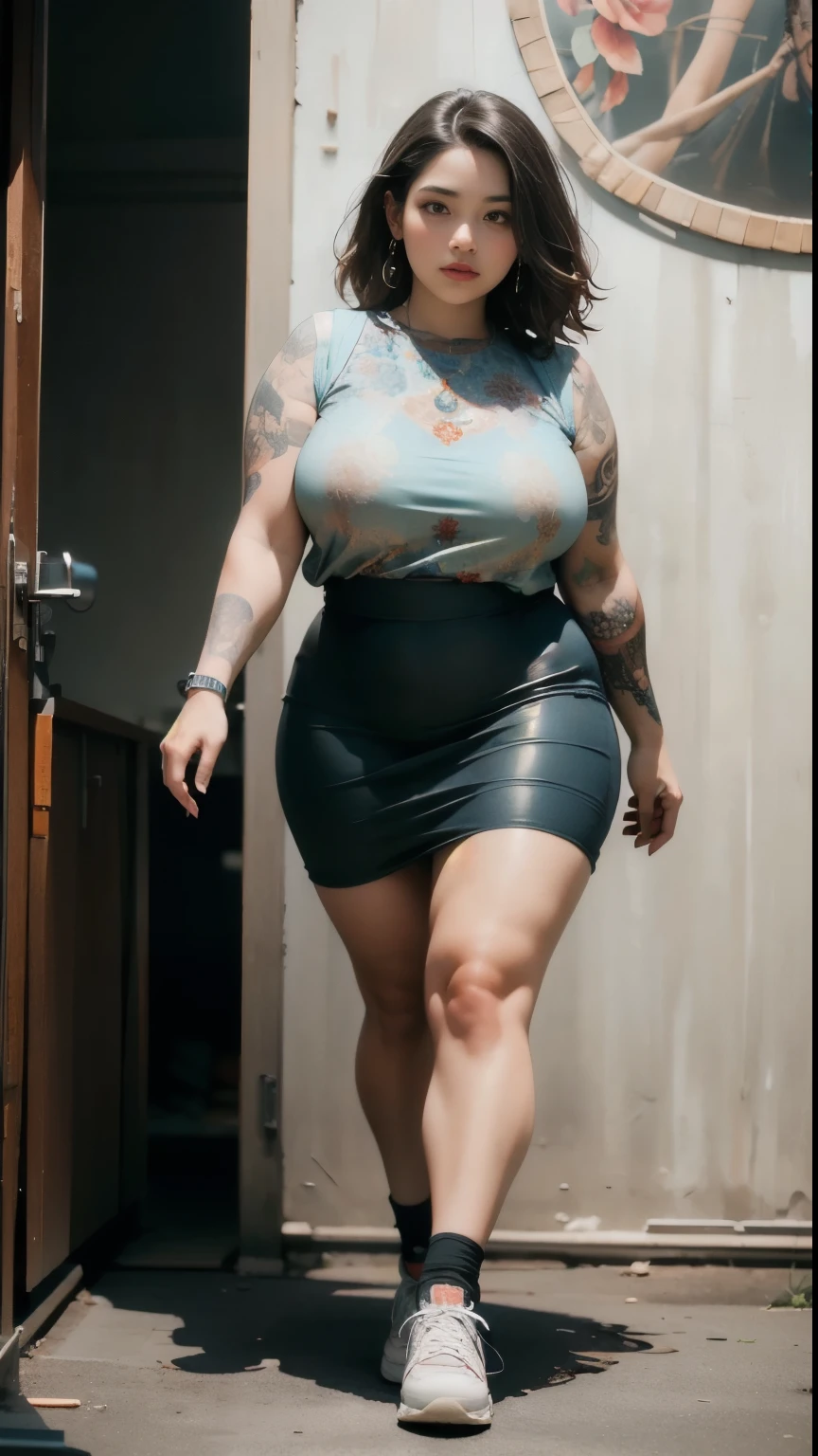 ((best quality)), ((masterpiece)), (detailed), perfect face, ((best quality)), ((masterpiece)), (detailed), perfect face, wanita chubby dewasa, wearing thight dress and thight skirt, chubby cheeks, chubby arm, chubby thighs, big breasts, wearing a sneakers, medium hair style, full body photoshoot, tattooed body , walk pose in a dark room , tattooed all over hands, slightly fat arms , fat thighs