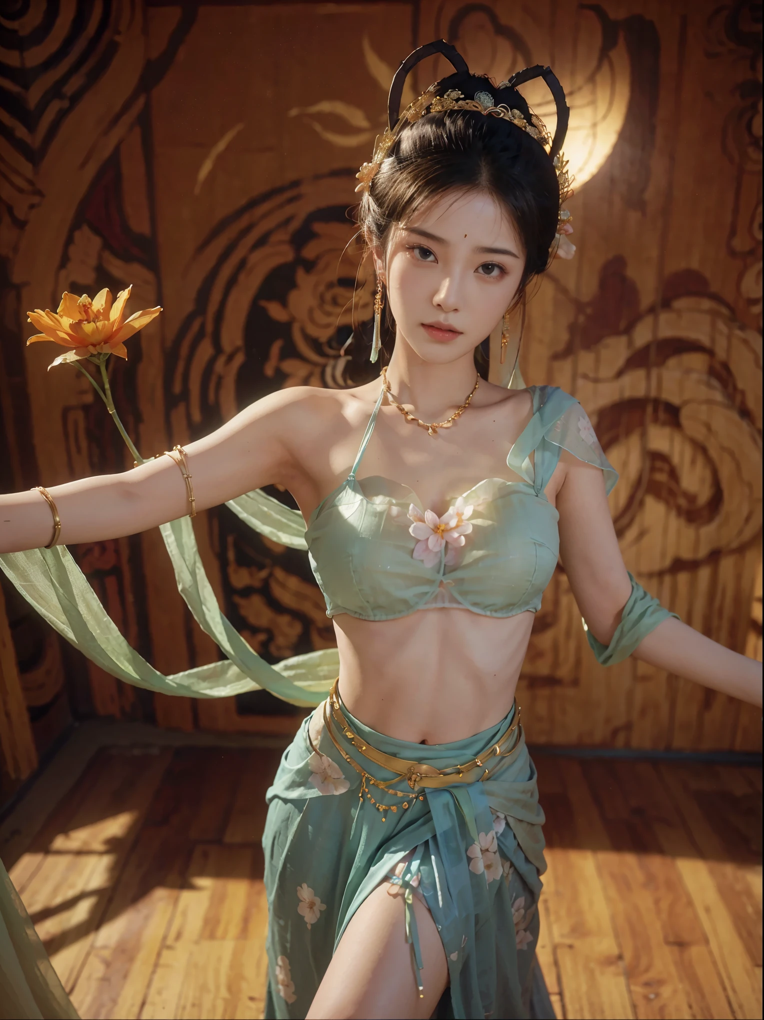 top quality, masterpiece, 超high resolution, (lifelike: 1.4) 1 girl, beautiful_Face, Delicate skin, Full body female love, jewelry, alone, earrings, (Tuesday: 1.3), vague, actual, lips, Dunhuang style, (tangled: 1.2), (flower: 1.4), big breasts, Belly button exposed, thin, big deal, ancient, top quality, masterpiece, very detailed, high resolution, 8k, intricate details, actual, lifelike, dramatic lighting, 1 girl, Dunhuang_clothing, Dunhuang_skirt, 部分被clothing覆蓋, (perspective: 1.3), 透過薄thin面紗, Get a glimpse of breasts, Create attractive and suggestive effects, Get a glimpse of the contours of her skin and breasts, Dance