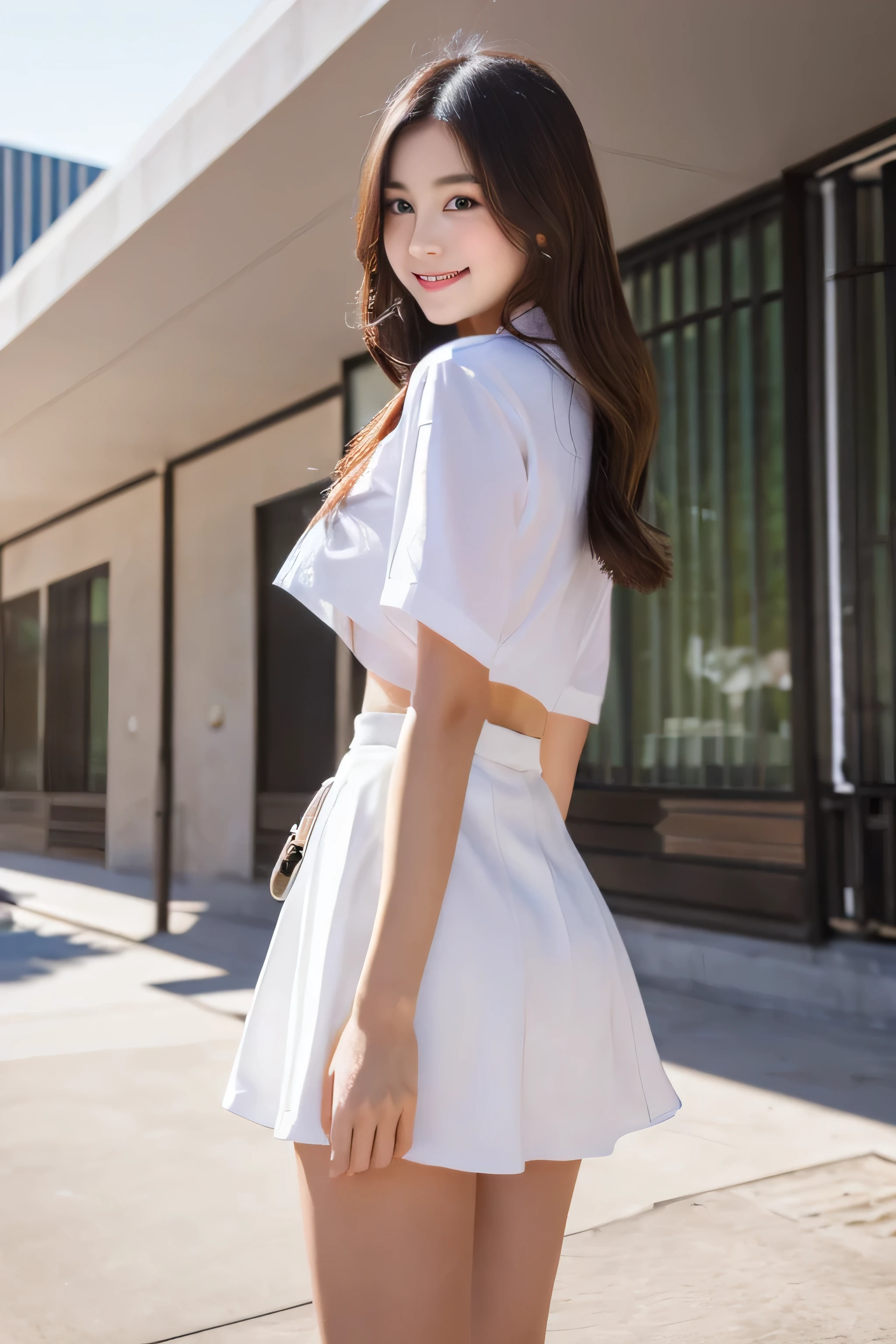 Highly become familiar with 8k wallpaper), sharp focus, become familiar with, dramatic, white shirt, mini skirt, sexy, smile, Take a look at the viewer, beautiful graphics, bright school building, Full of students, showing the whole body,.