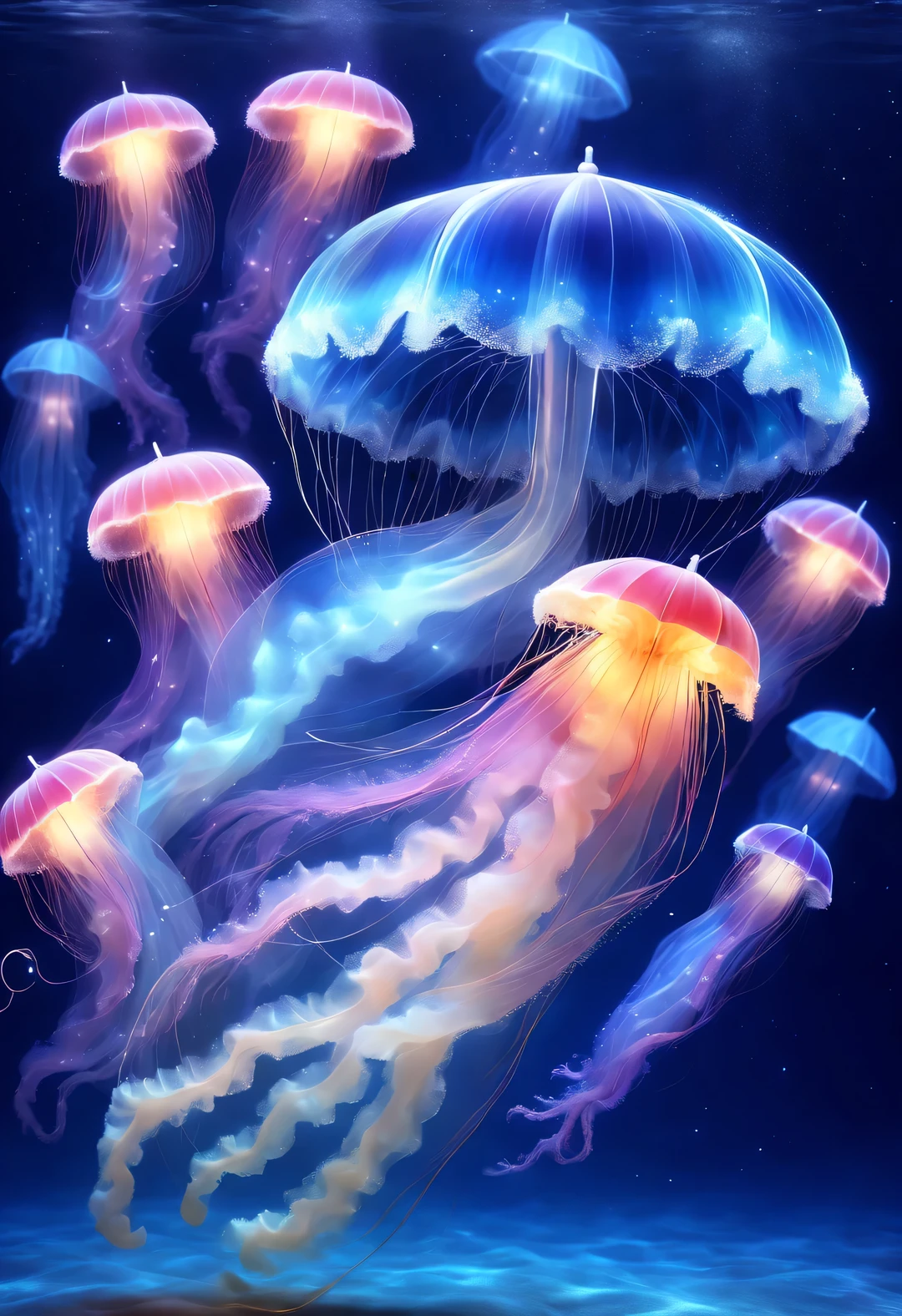 Jellyfish fashion beauty，Shining with colorful light，looking from afar，Like a round umbrella floating quickly in the water，The umbrella body also has various patterns，In the blue ocean，These different colored jellyfish are swimming，looks very beautiful。background：deep blue dark sea bottom，tiny stars