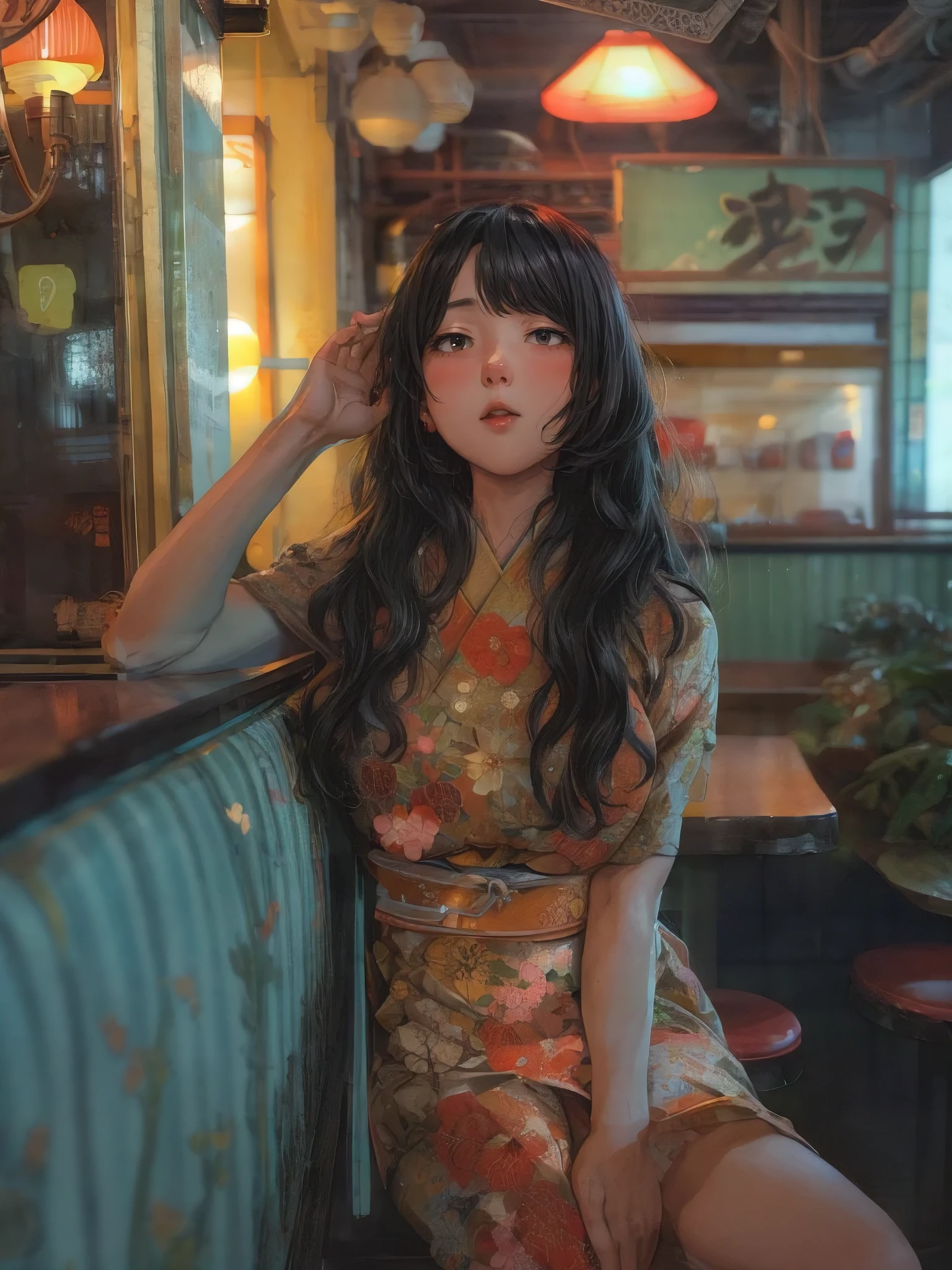 A beautiful Japanese woman poses in a vintage Tokyo café surrounded by retro decor. She wears a classic floral mini dress that echoes the nostalgic atmosphere of the cafe, her long black hair is styled in soft waves, her whole body and legs are beautiful, two mechanical hands from her back