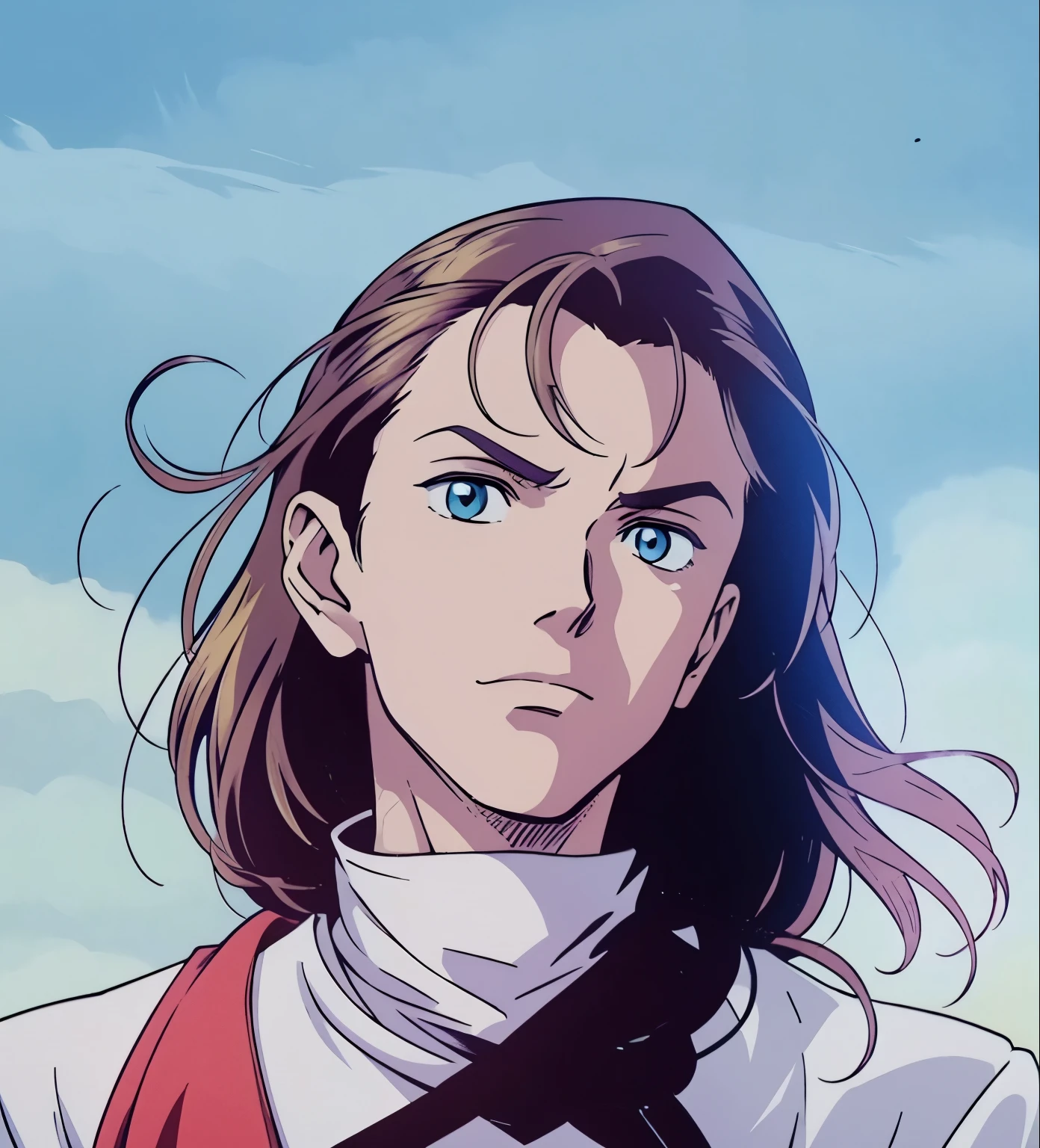 convert this image to an anime drawing preserving his facial features, the shape of his face, preserving eye color, maintaining a kaway style just with the colors it has and all its elements please