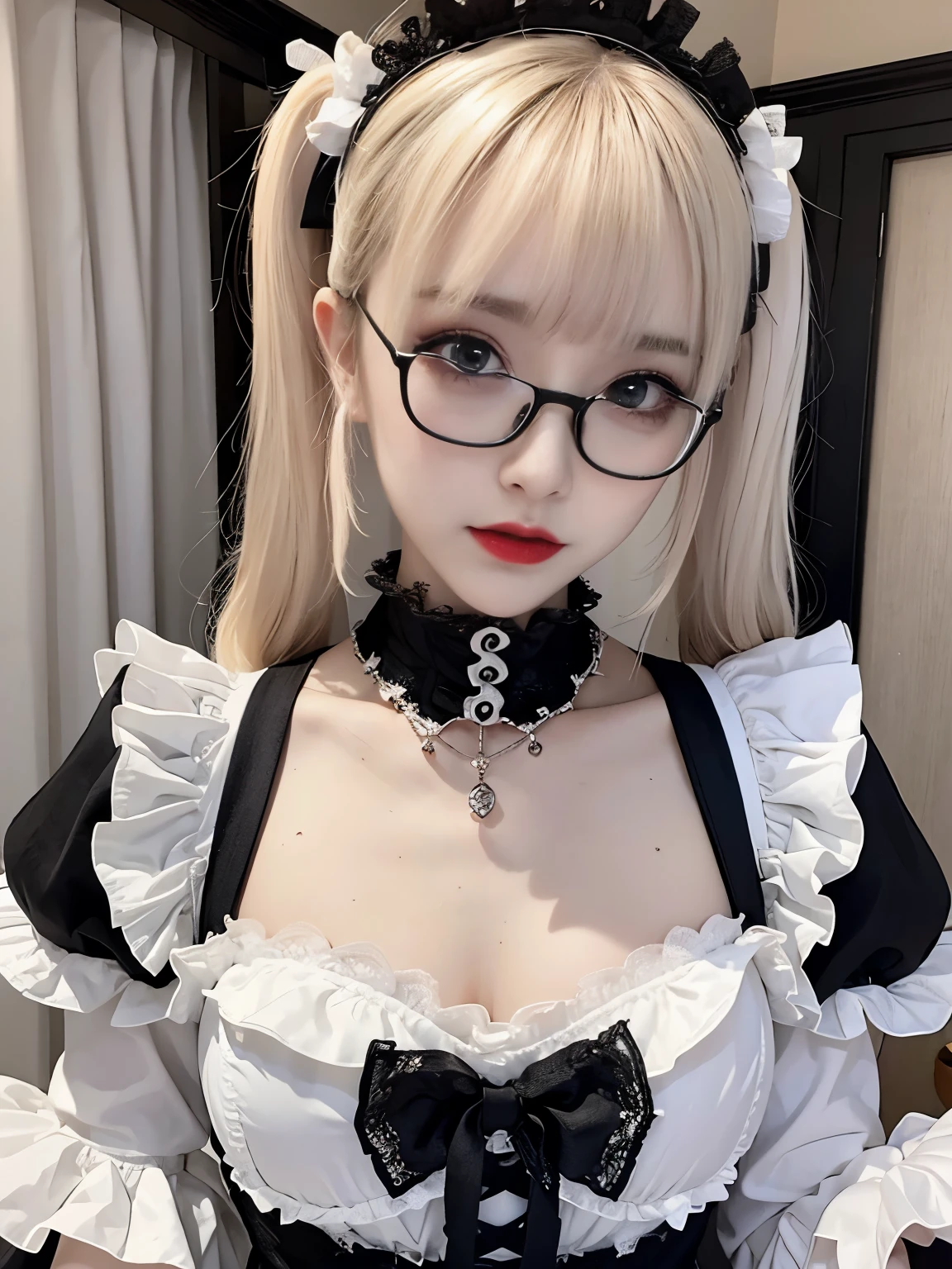 raw photo, 8k, (top-quality), Realistic, (real picture, Intricate details), (natural skin texture, detailed skin, hyper realism, sharpness), (Japanese age girl inin luxury hotel at night, Suite Room), ((maid costume with black and white, loliashion, gothic fashion), (slender body, pale skin:1.2), ((white hair, twintail hairstyle, blunt bangs)), (glasses, provocative look, Parted lips:1.3, eye shadow, eyeliner, tear bag:1.3, red lips), night time, spot lighting:1.3