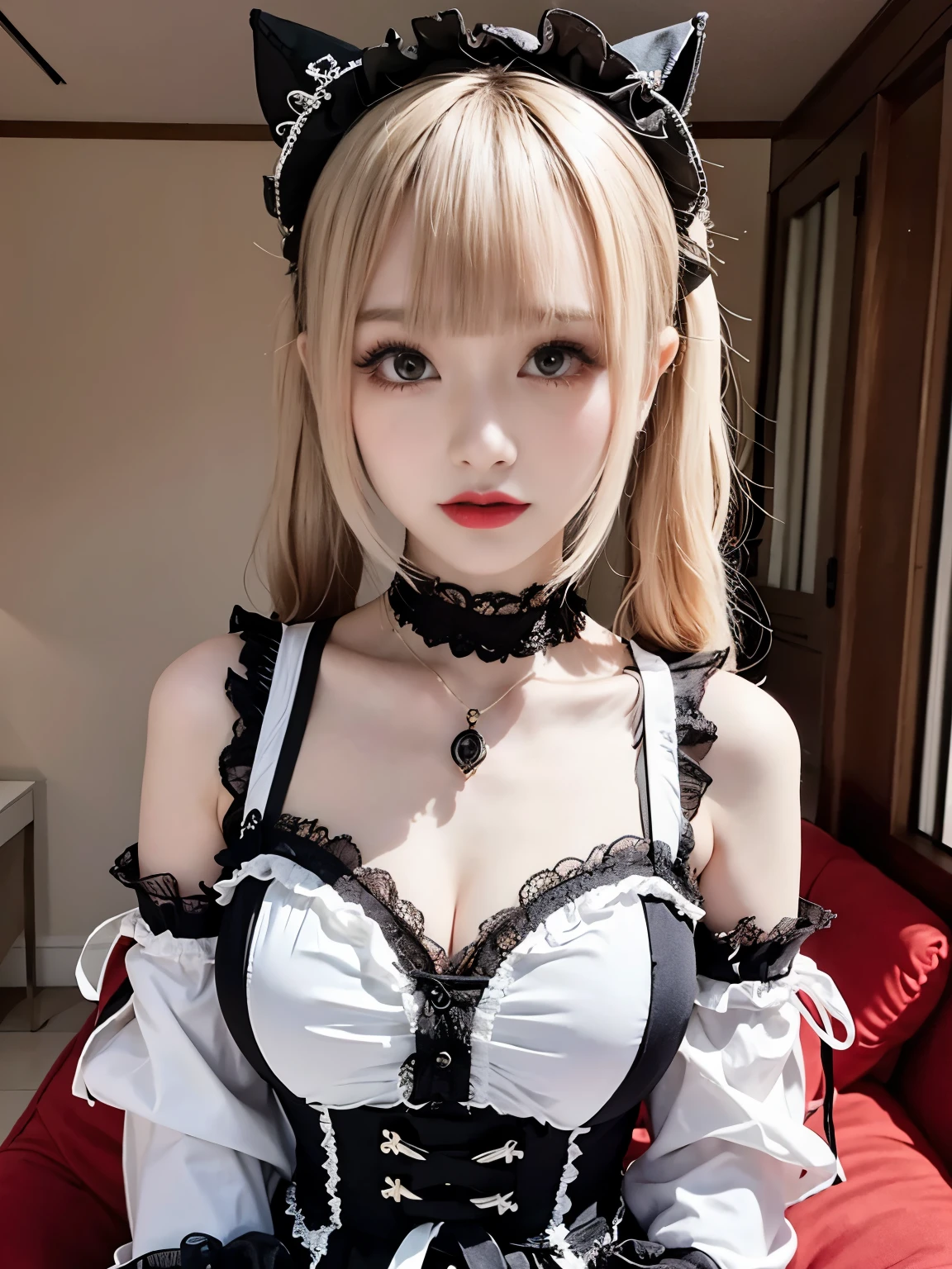 masterpiece, Best Quality, Illustration, Ultra-detailed, finely detail, hight resolution, 8K Wallpaper, Perfect dynamic composition, Beautiful detailed eyes, gothic lolita, frilled skirt, (Blonde hair 1.2), curly hair (gigantic breasts:1.6), cleavage, Cool pose, sneering, mansion, a 18 year old girl, Cool, (kawaii:1.3), (Beautie:1.5), Sexy shot looking at camera, sidelong glance, glares, sullenness, Downer, a cool, boyish, smile, looks sleepy, gothic make up, colored contact lens