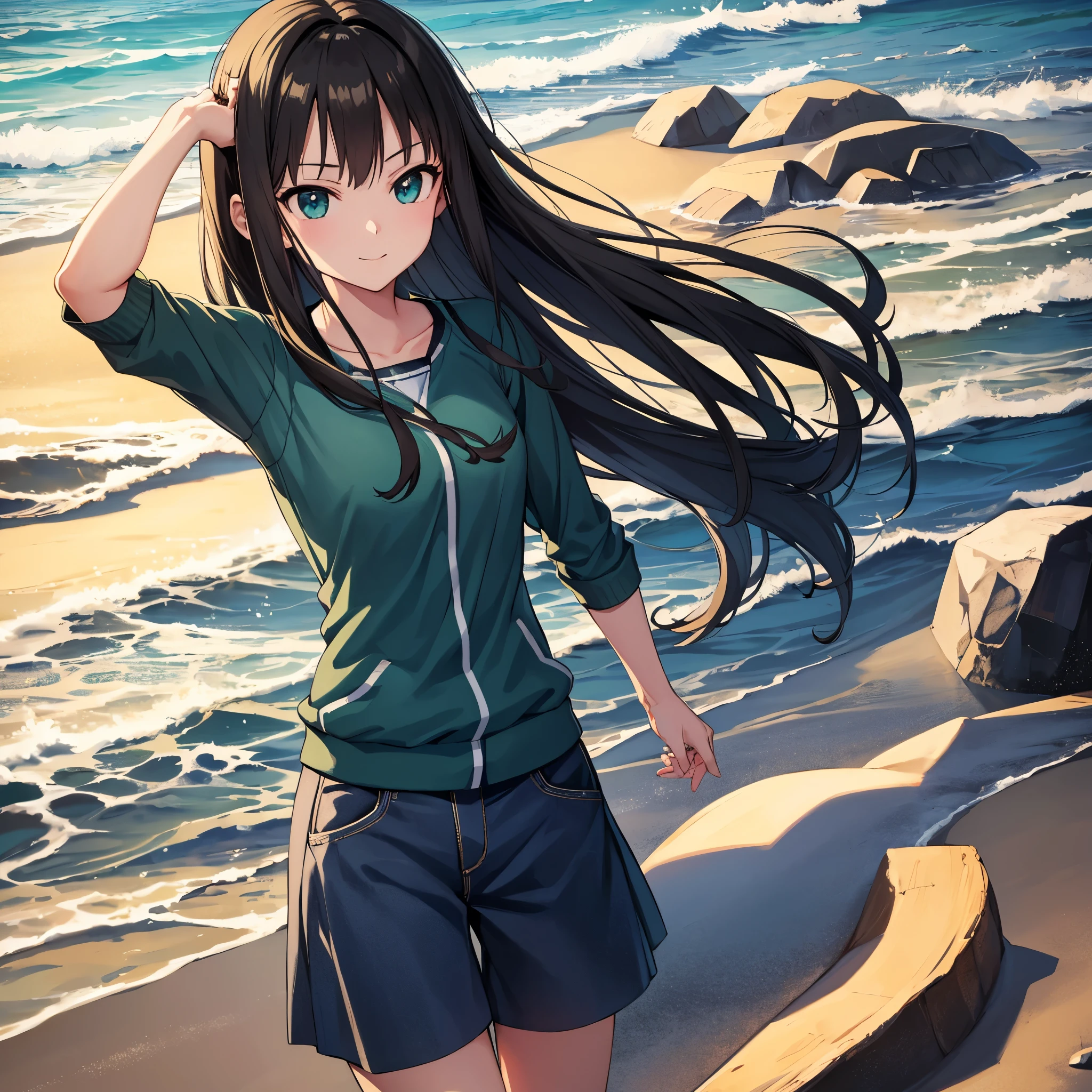 Rin Shibuya、masterpiece, highest quality, 1 girl, green eyes、long black hair, blue jersey, navy blue pants、coastal、posing on the beach、(dull smile:1.15)